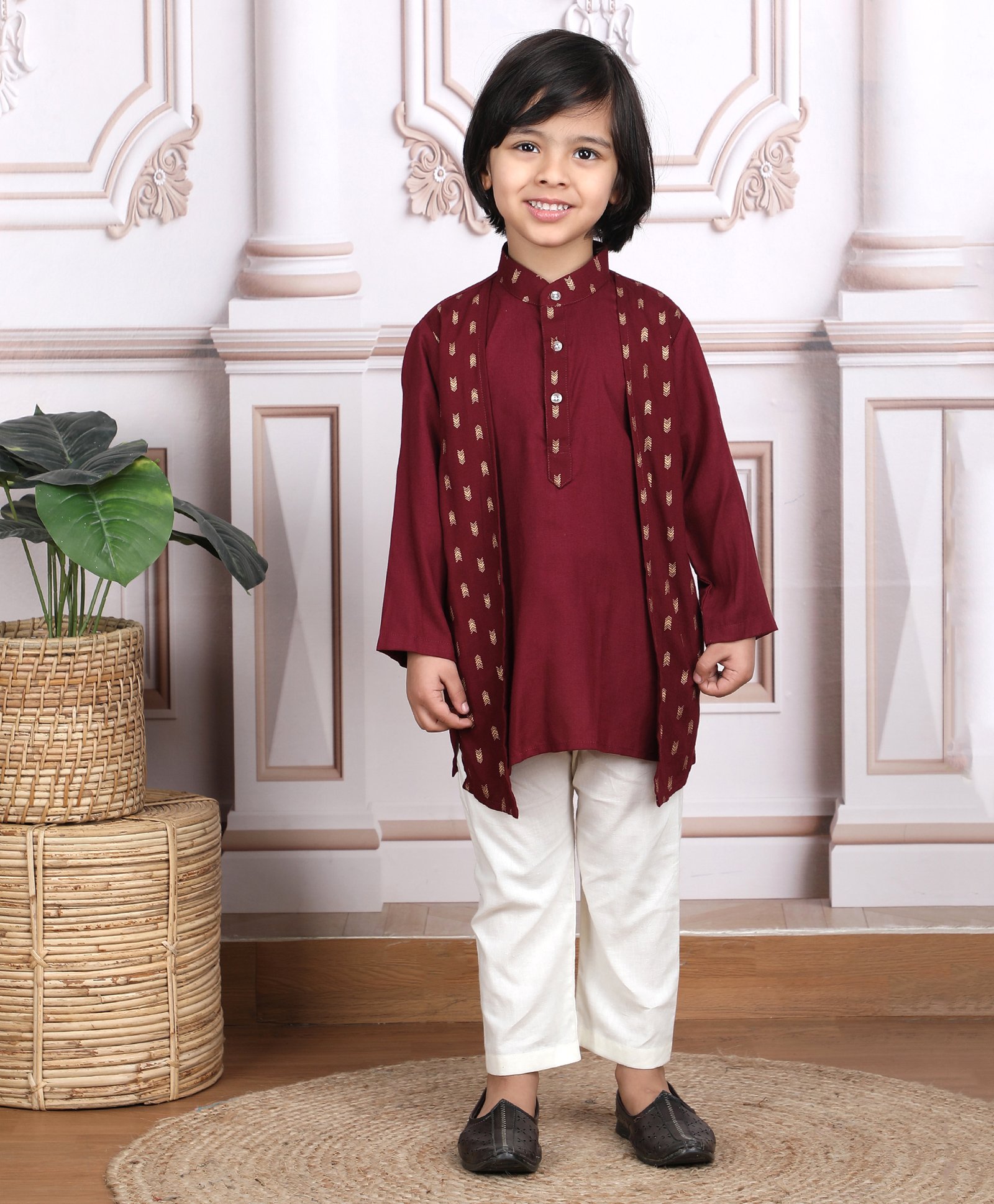 Polka Tots Cotton Full Sleeves Abstract Foil Printed Kurta Pyjama Set - Maroon-picture-22