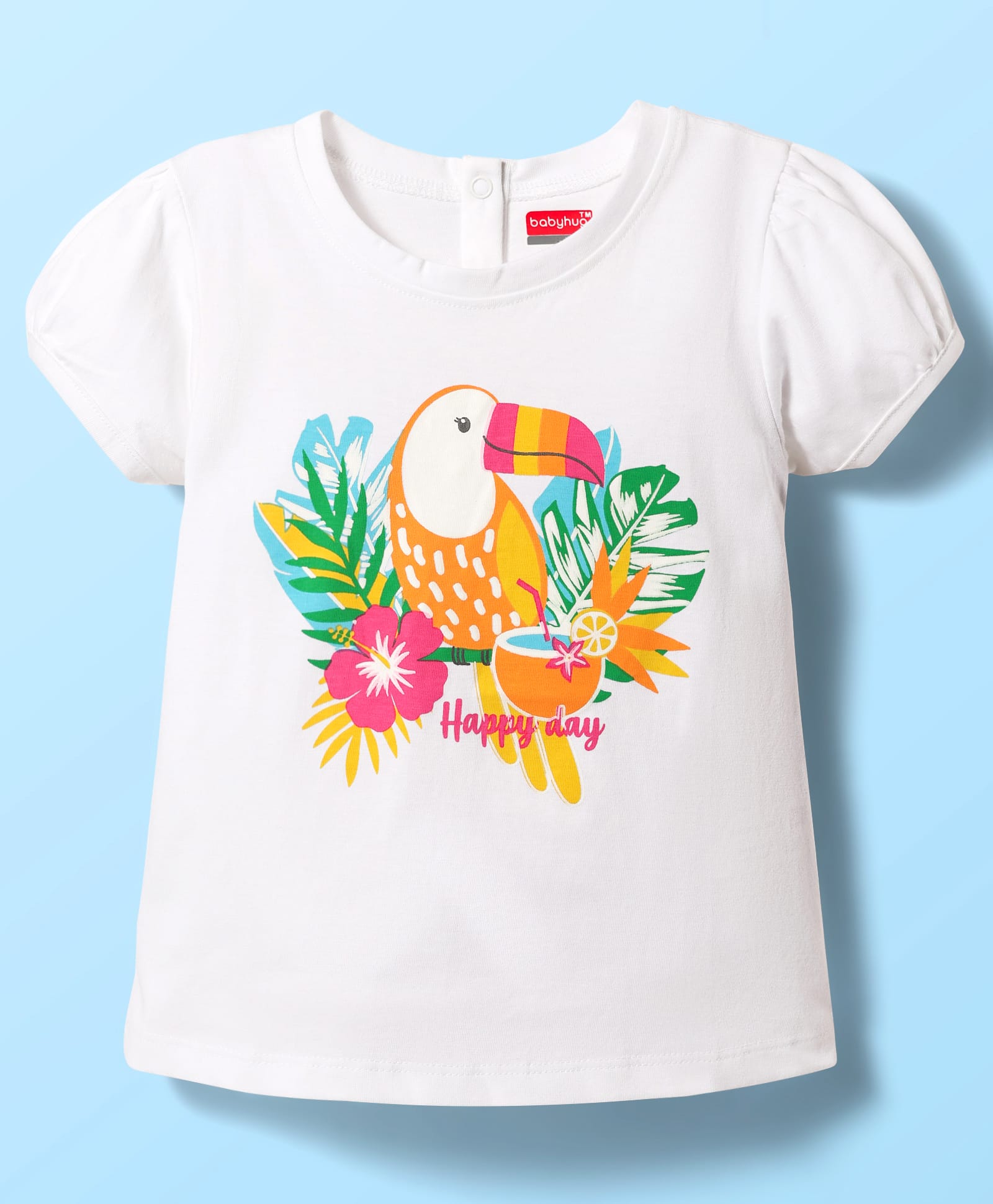 Babyhug Cotton Knit Half Puffed Sleeves T-Shirt with Bird Print - White-image-5