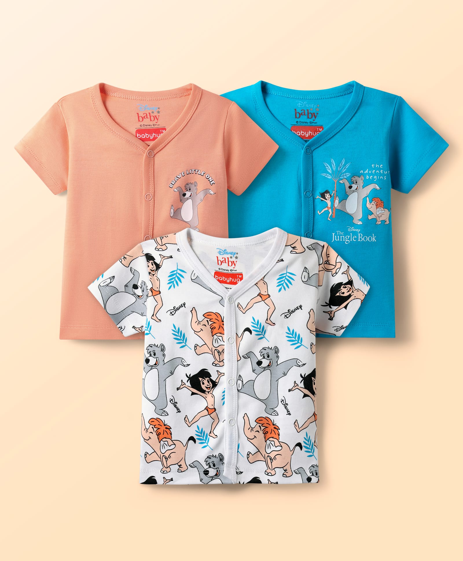 Babyhug Disney 100% Cotton Half Sleeves Front Open Jhablas with Mowgli & Friends Graphic Pack of 3 - Light Blue & White-picture-16