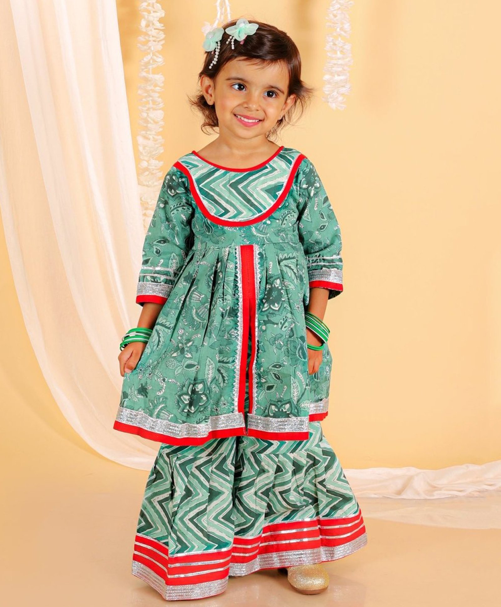 The Mom Store Cotton Three Fourth Sleeves Floral Printed Gota Lace Embellished Anarkali Kurta Sharara Set - Green-image-17