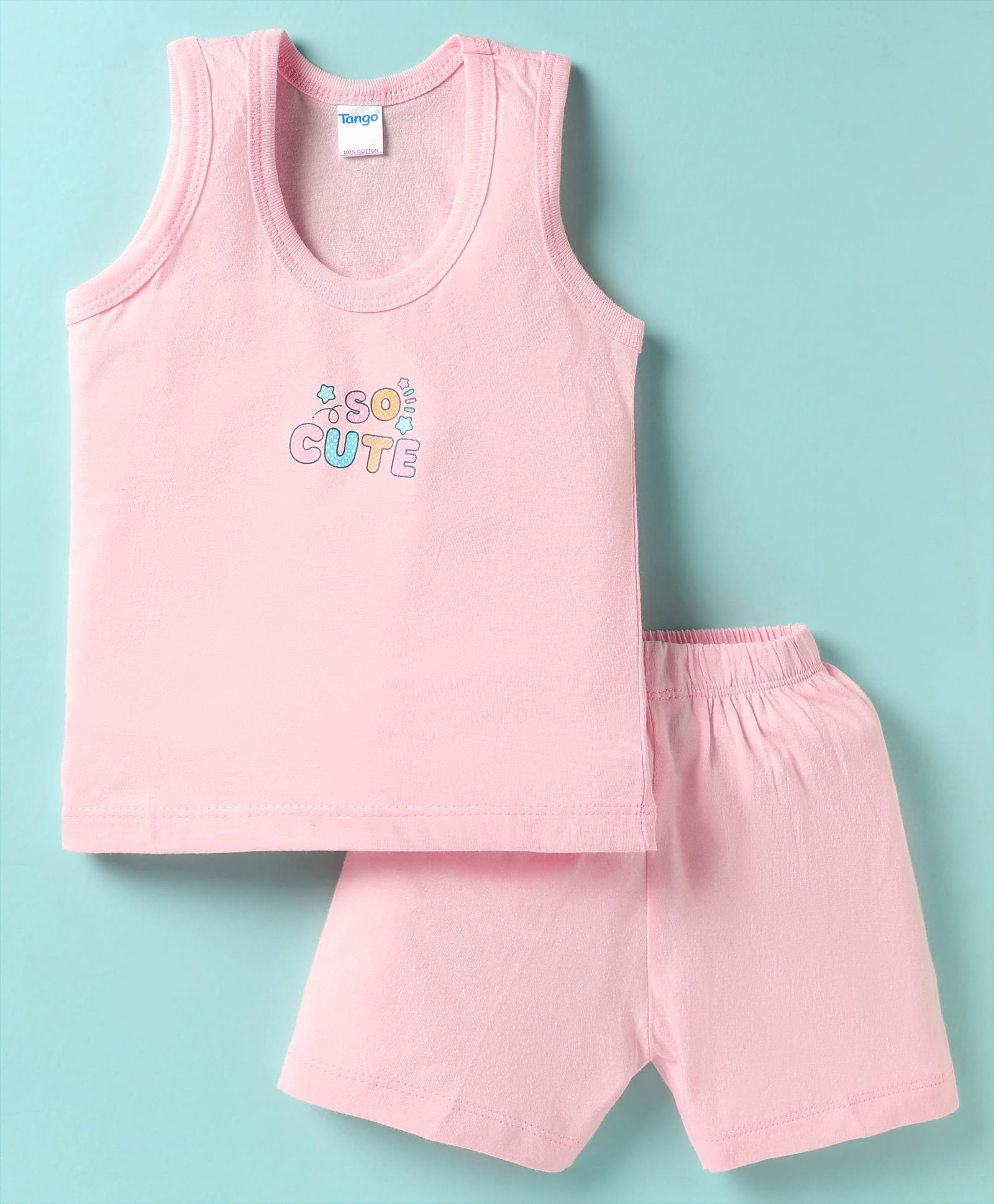 Tango Single Jersey Knit Text Printed Vest & Knee Length Shorts - Pink-picture-20