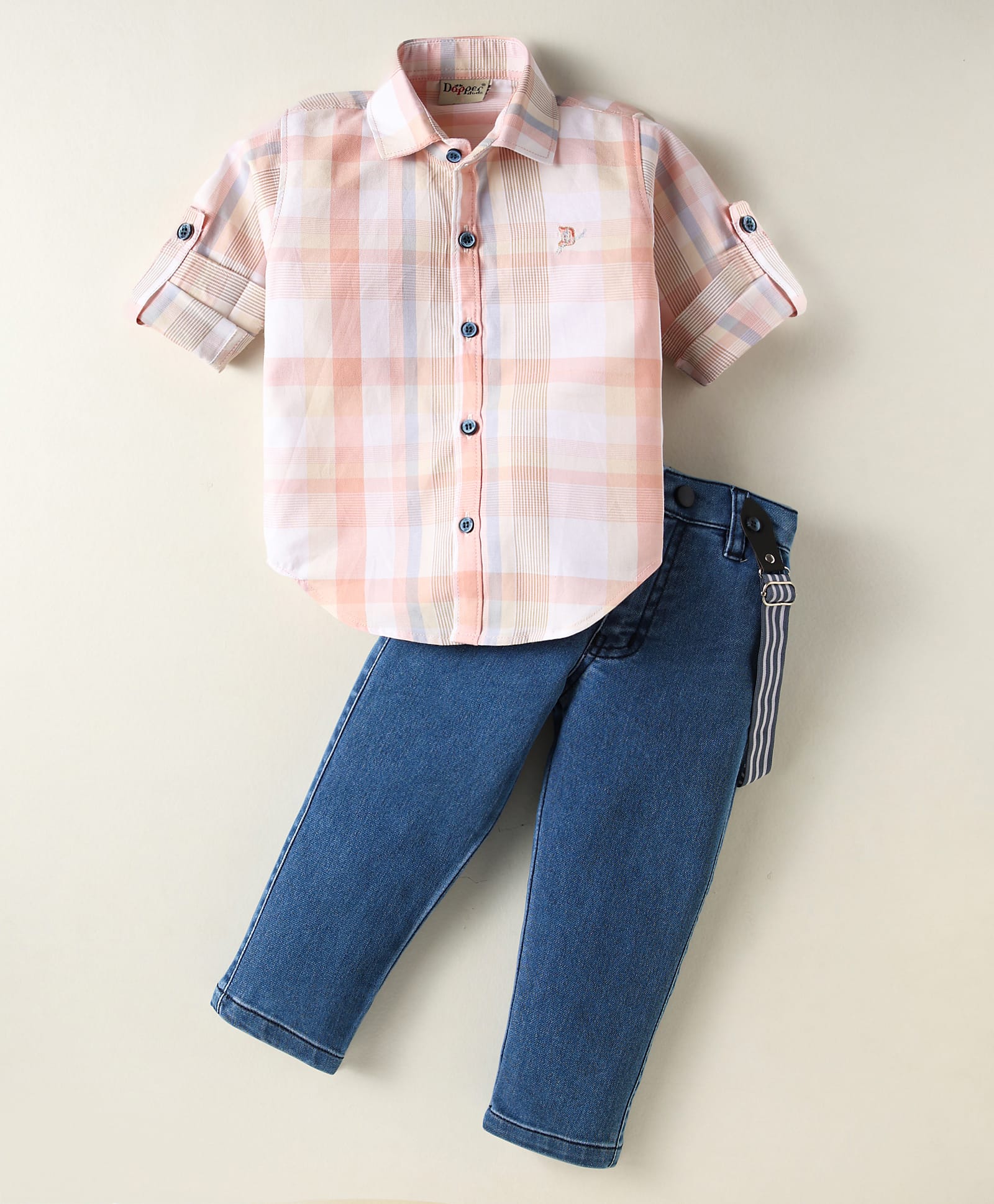 Dapper Dudes Full Sleeves Checked Suspender Shirt With Pant Set - Peach