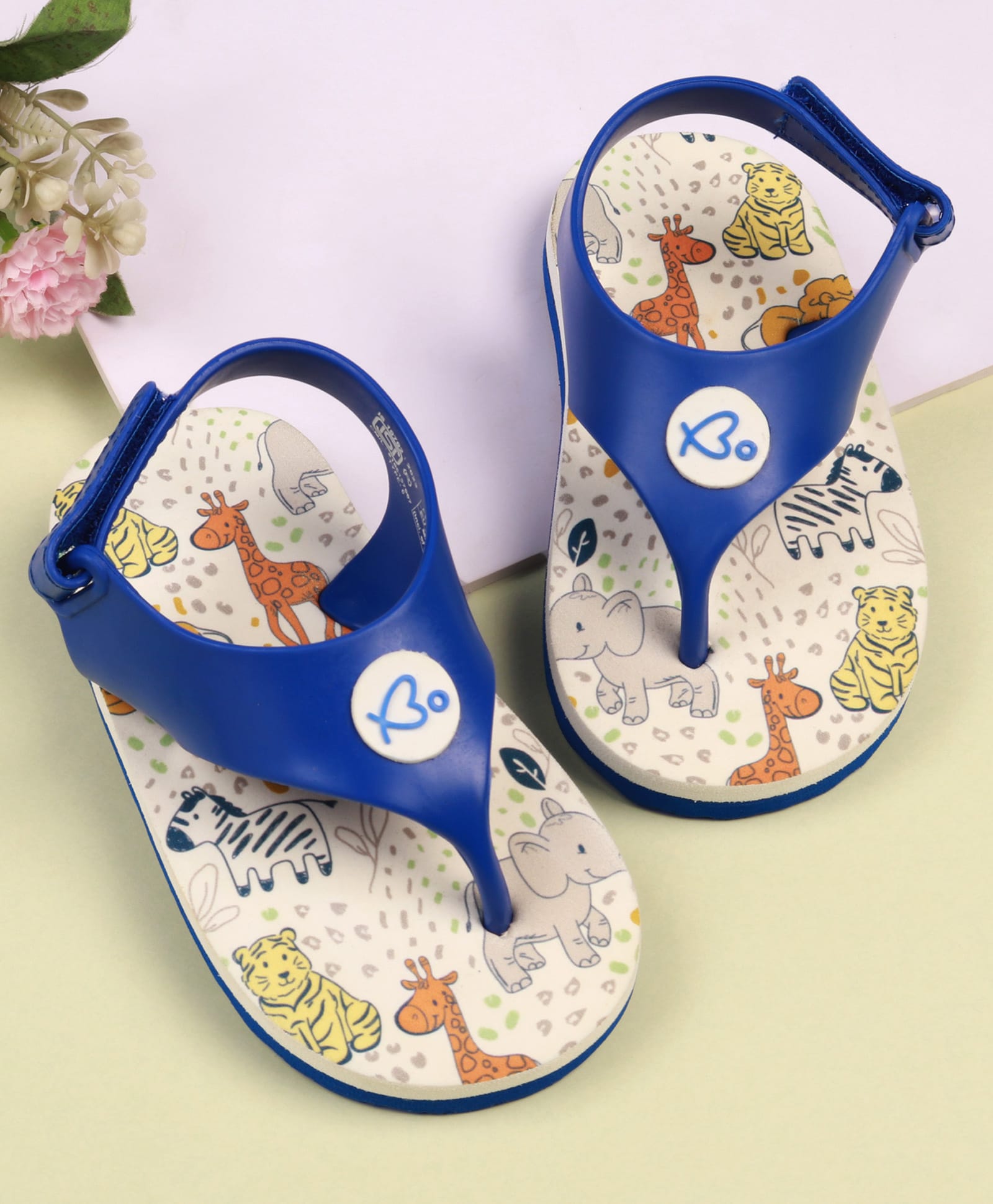 Babyoye Flip Flops with Velcro Closure & Animal Print - White & Blue