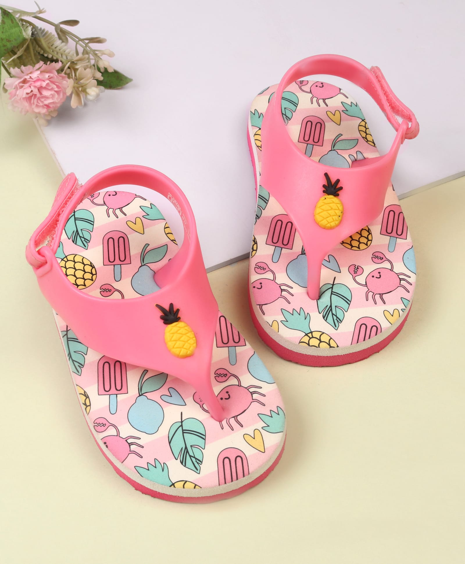 Babyoye Velcro Closure Flip Flops With Pineapple & Crab Print - Light Pink-picture-11