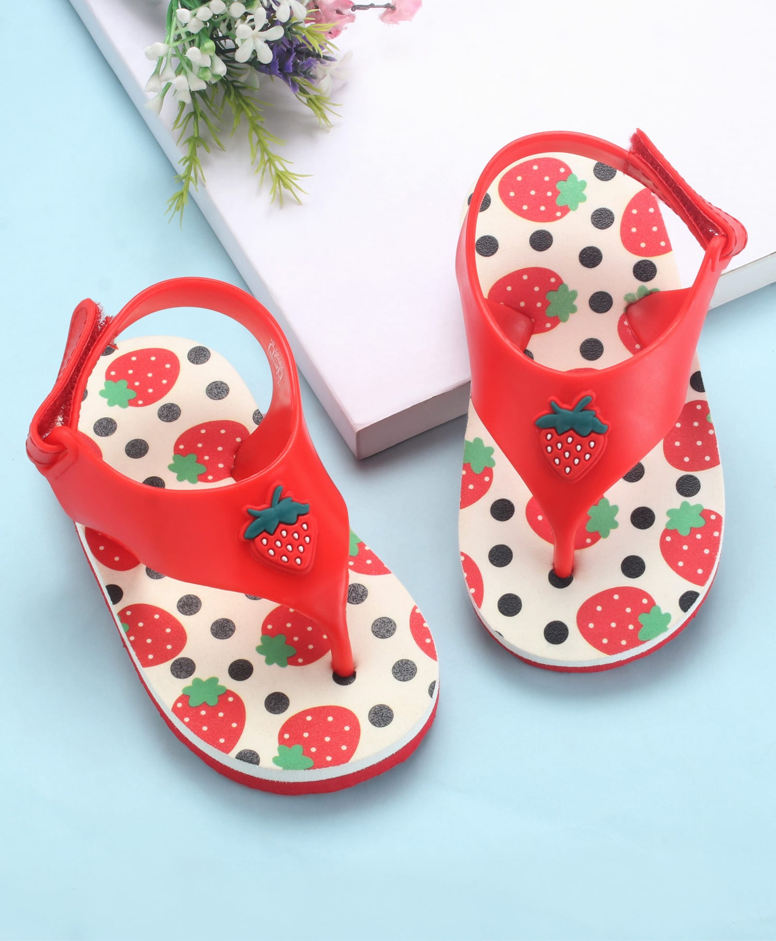 Babyoye Velcro Closure Flip Flops with Strawberry Print - Red-image-24