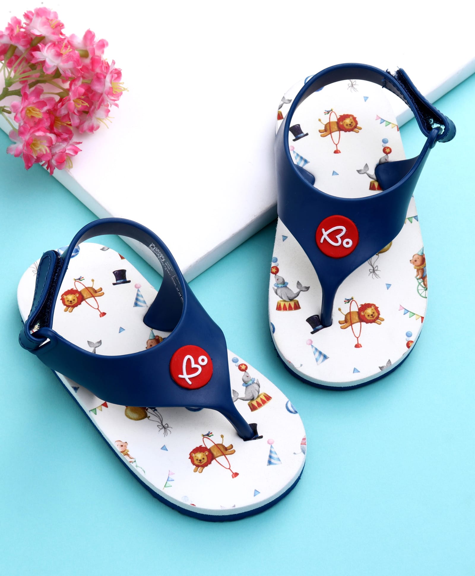 Babyoye Flip Flops with Velcro Closure & Animal Print - White & Blue