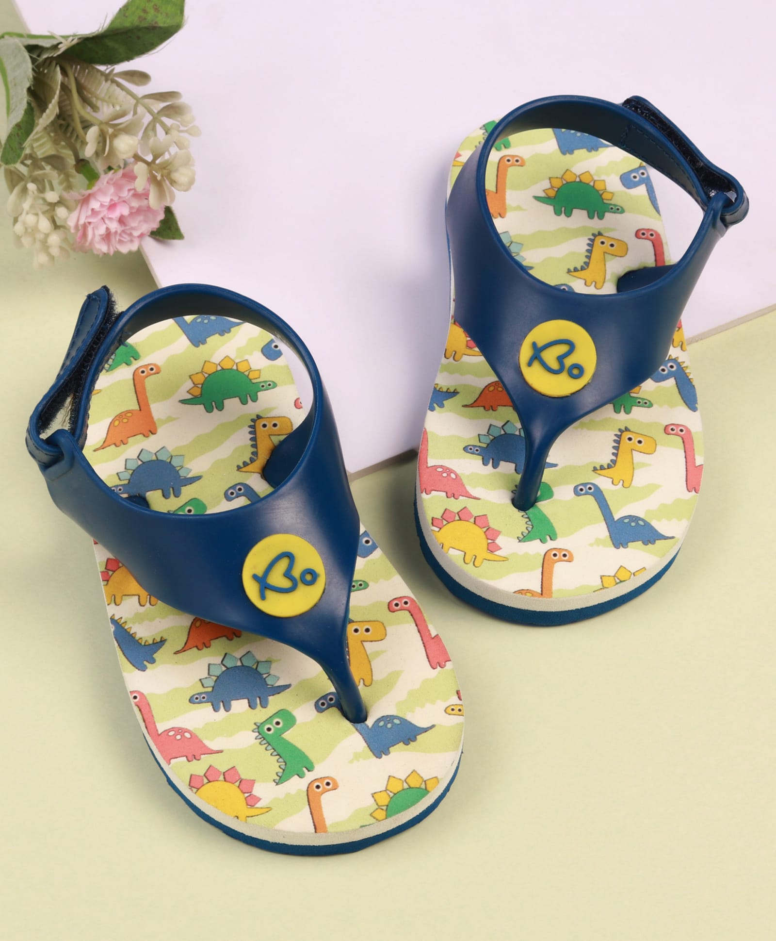 Babyoye Flip Flops with Velcro Closure & Dino Print - Cream & Blue