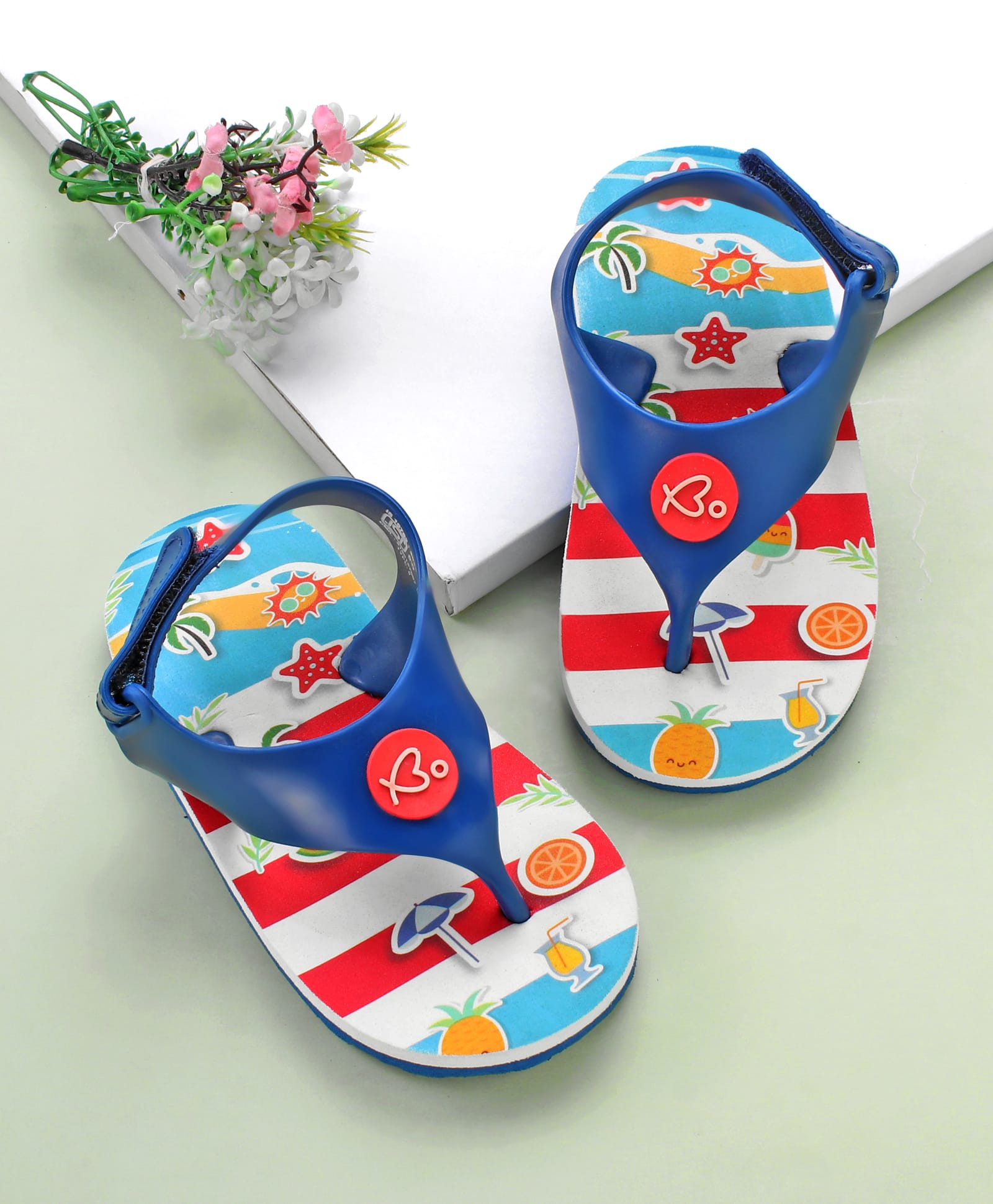 Babyoye Flip Flops with Velcro Closure & Beach Print - Blue