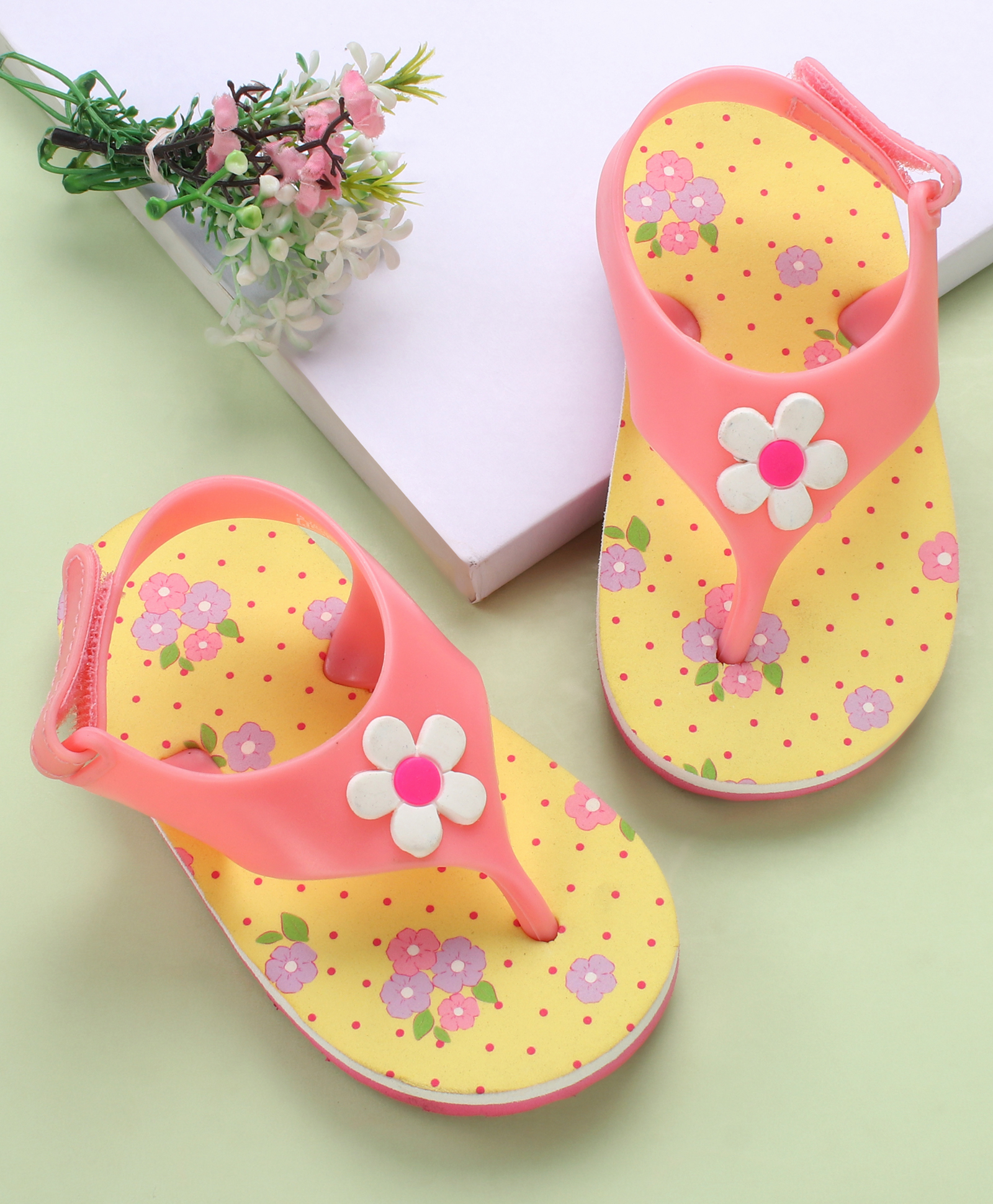 Babyoye Flip Flops with Velcro Closure & Floral Print - Pink-image-37