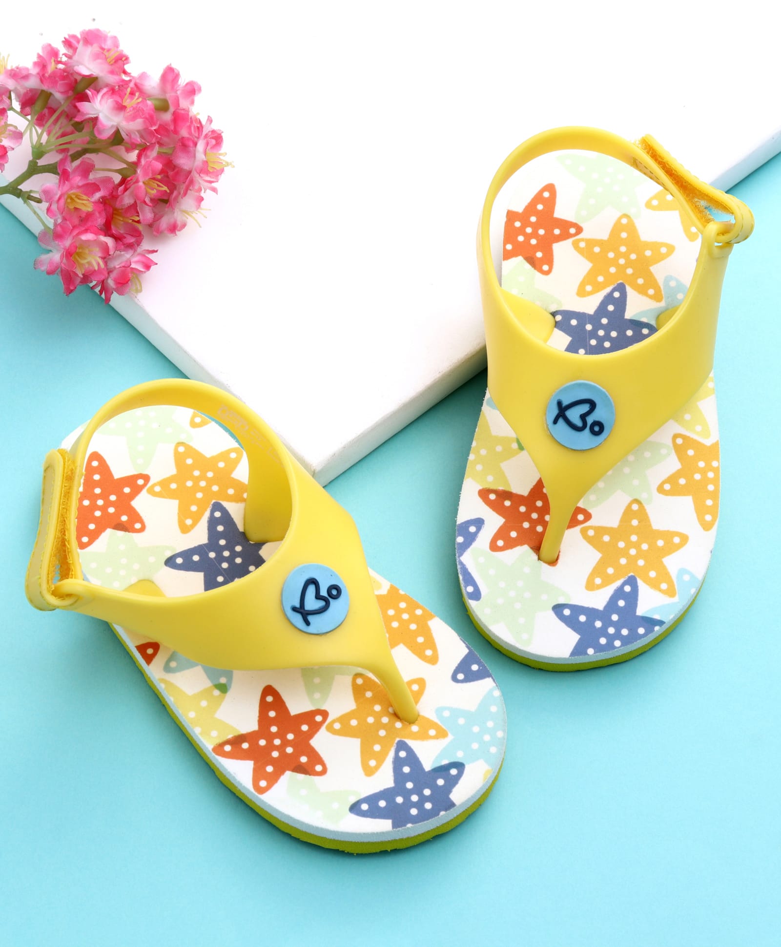 Babyoye Flip Flops with Velcro Closure & Star Print - White & Yellow-image-1