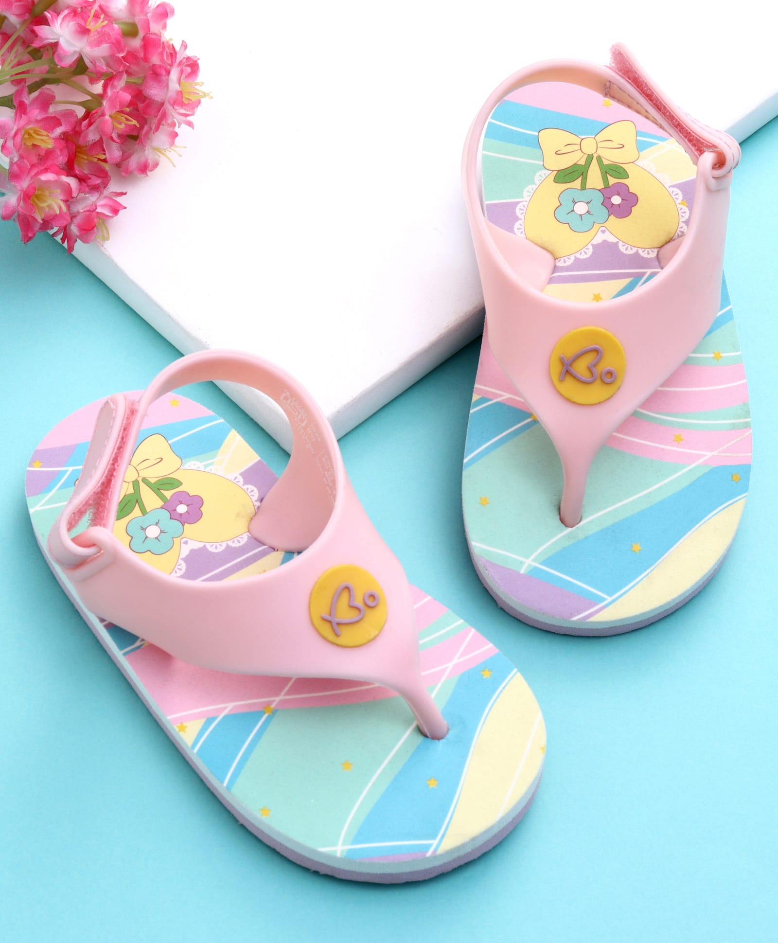 Babyoye Flip Flops with Velcro Closure & Floral Print - Light Pink