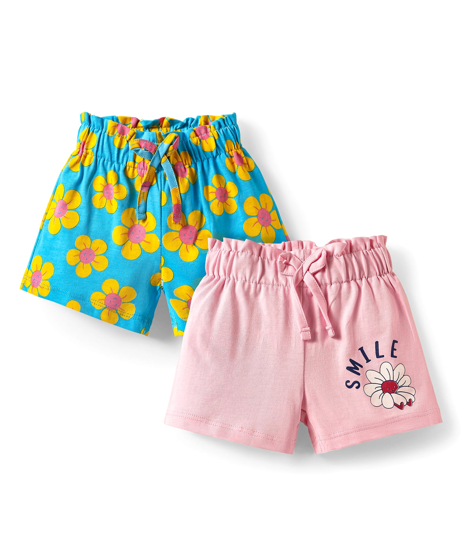 Doodle Poodle 100% Cotton Knee Length Shorts With Floral Print Pack Of 2 - Pink & Turquoise