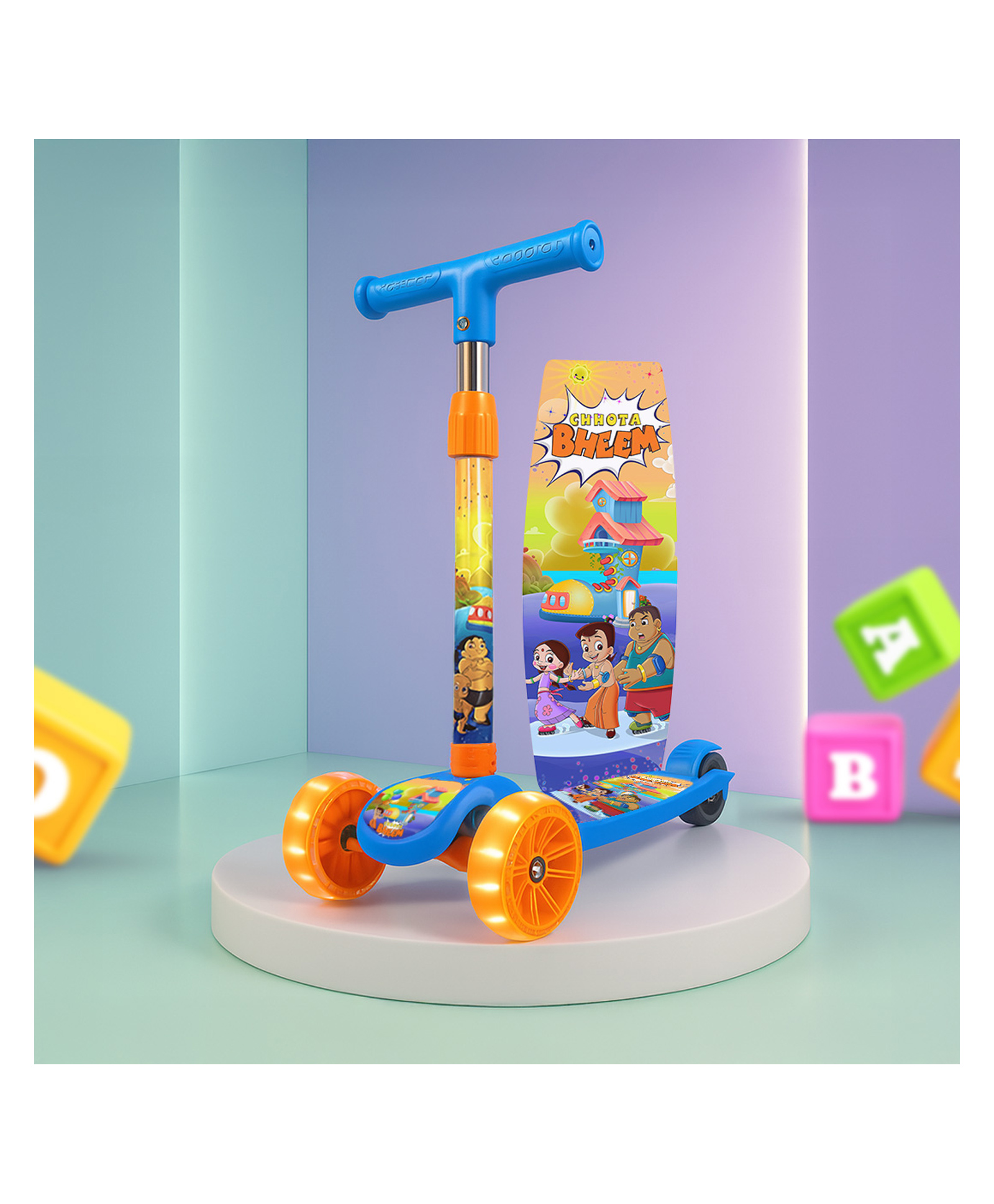 Kidsmate Chota Bheem Kick Scooter for Kids | 4-Level Height Adjustable & LED PVC Wheels | Non-Slip Wide Deck with Strong Push Brake Kids Scooter For Age 3+ Yrs | Max User Weight 50Kg - Blue-picture-17