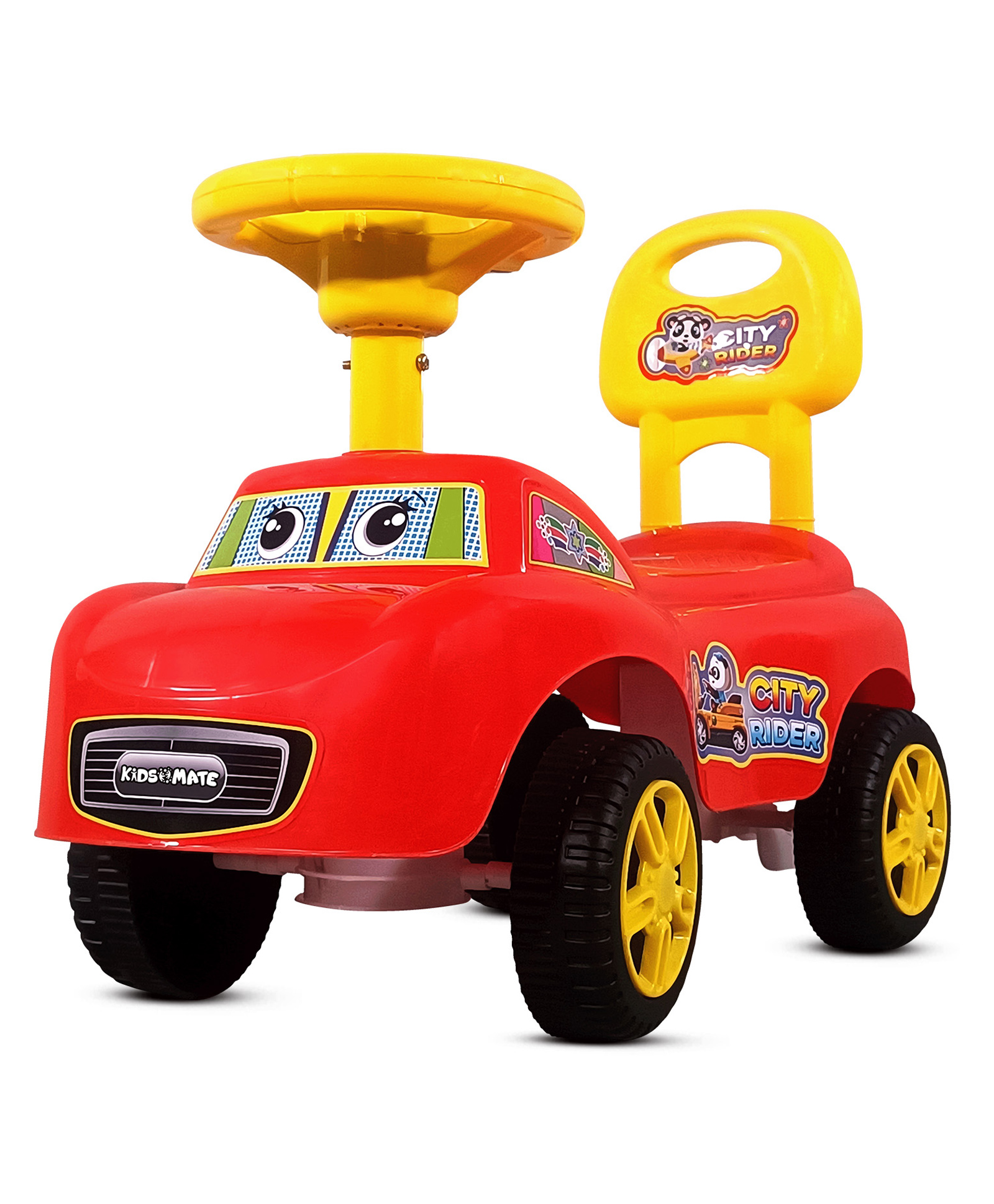 Kidsmate City Rider Non Musical Ride-On Car for Kids | Fun & Safe Baby Push Car with Steering Wheel & Comfortable Backrest |Perfect for Indoor & Outdoor Fun for Toddlers 1.5+ Years - Red/Yellow-image-2