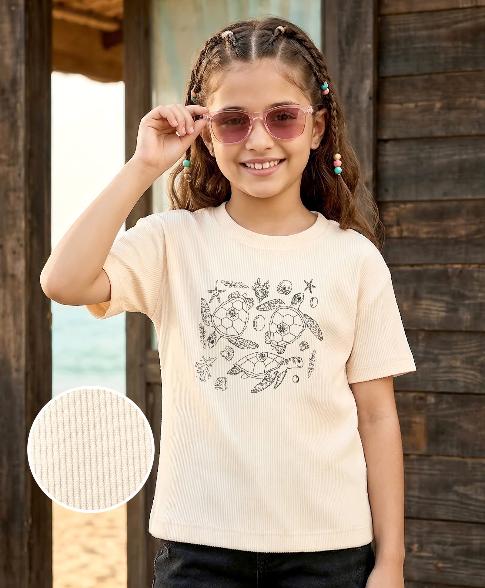 kookie kids india Kookie Kids Knit Half Sleeves Ribbed Top With Sea Animals Print - Beige-picture-37
