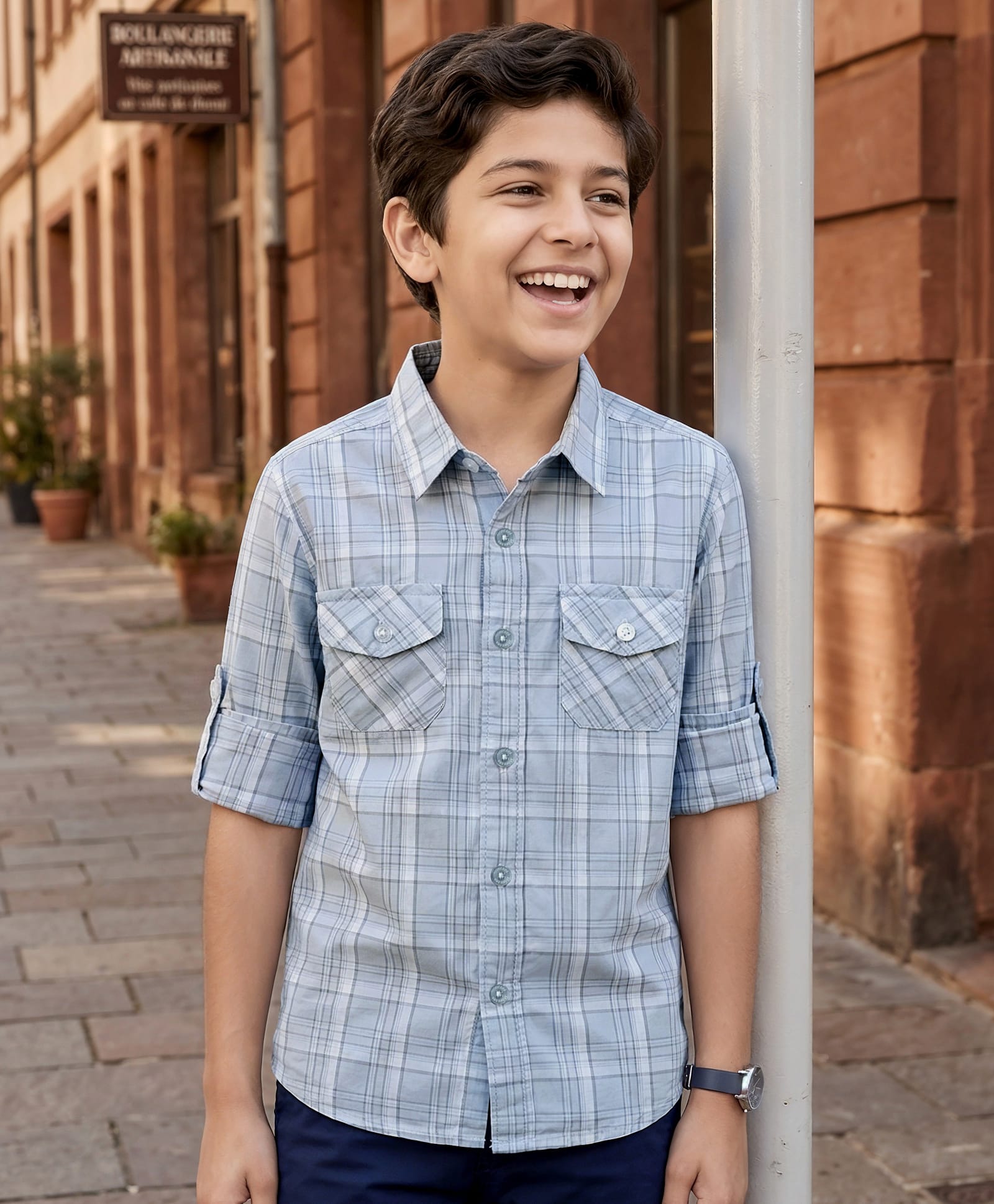Kookie Kids Cotton Woven Full Sleeves Checks Shirt - Light Grey-image-23
