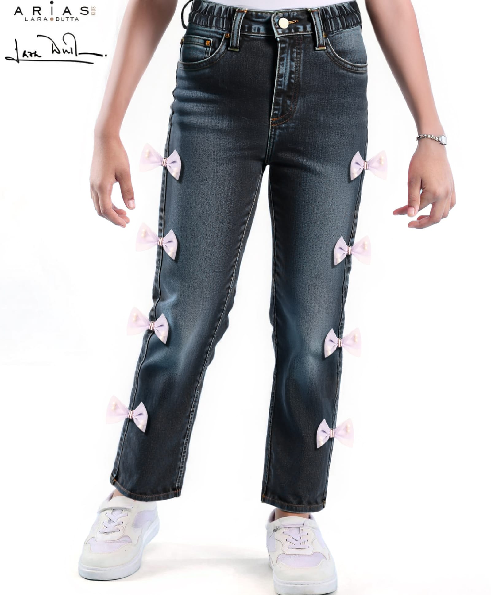 arias by lara dutta Arias Cotton Elastane Woven Full Length Stretch & Washed Jeans With 3D Bows - Navy Blue-picture-19