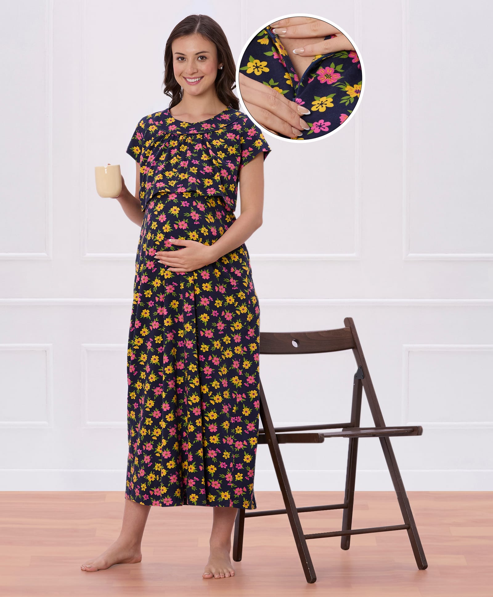 Bella Mama 100% Cotton Knit Half Sleeves Concealed Zipper Nursing Nighty Floral Print - Navy Blue-image-49