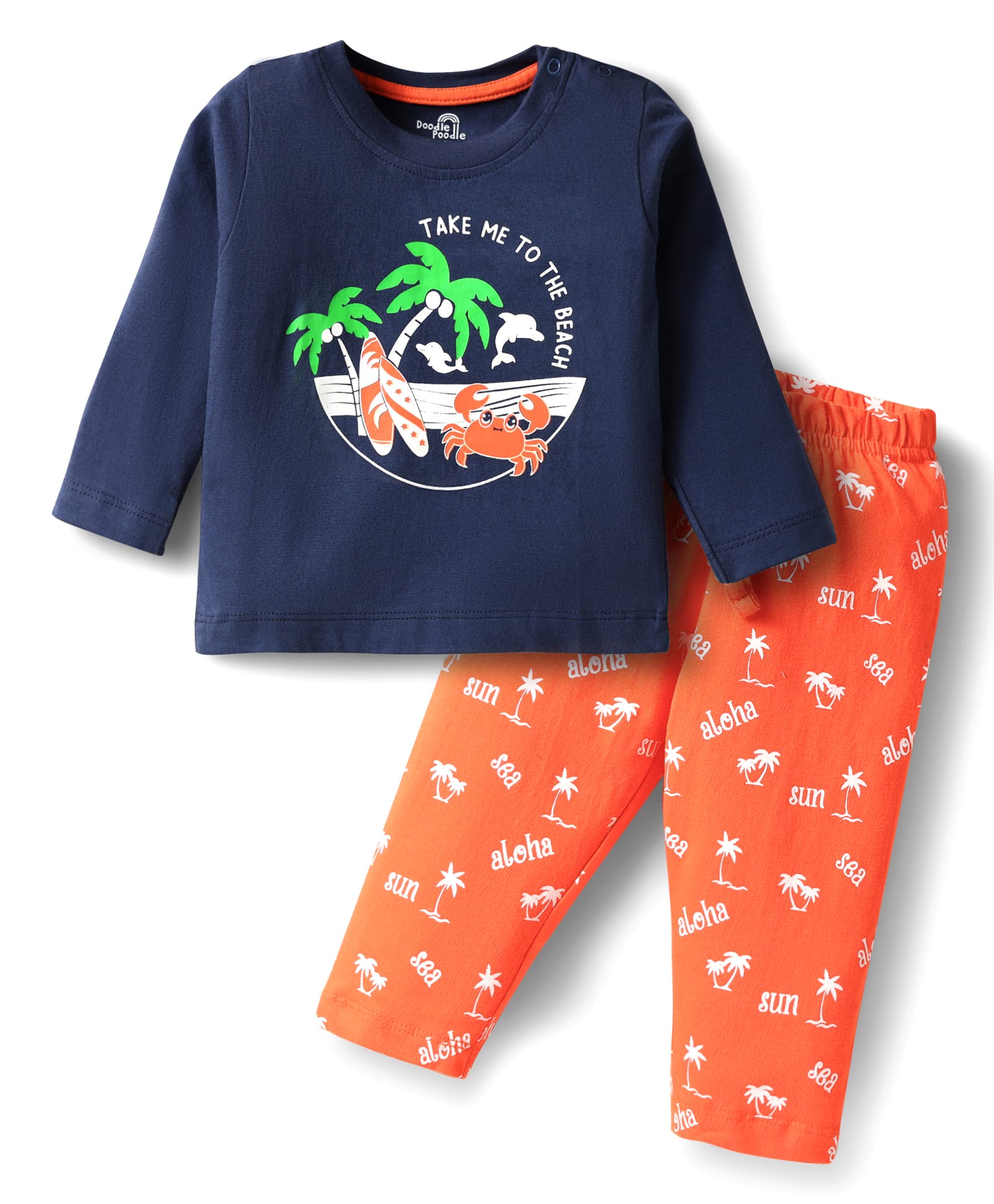 Doodle Poodle 100% Cotton Knit Full Sleeves Night Suit With Take Me To The Beach - Navy Blue & Orange-image-8