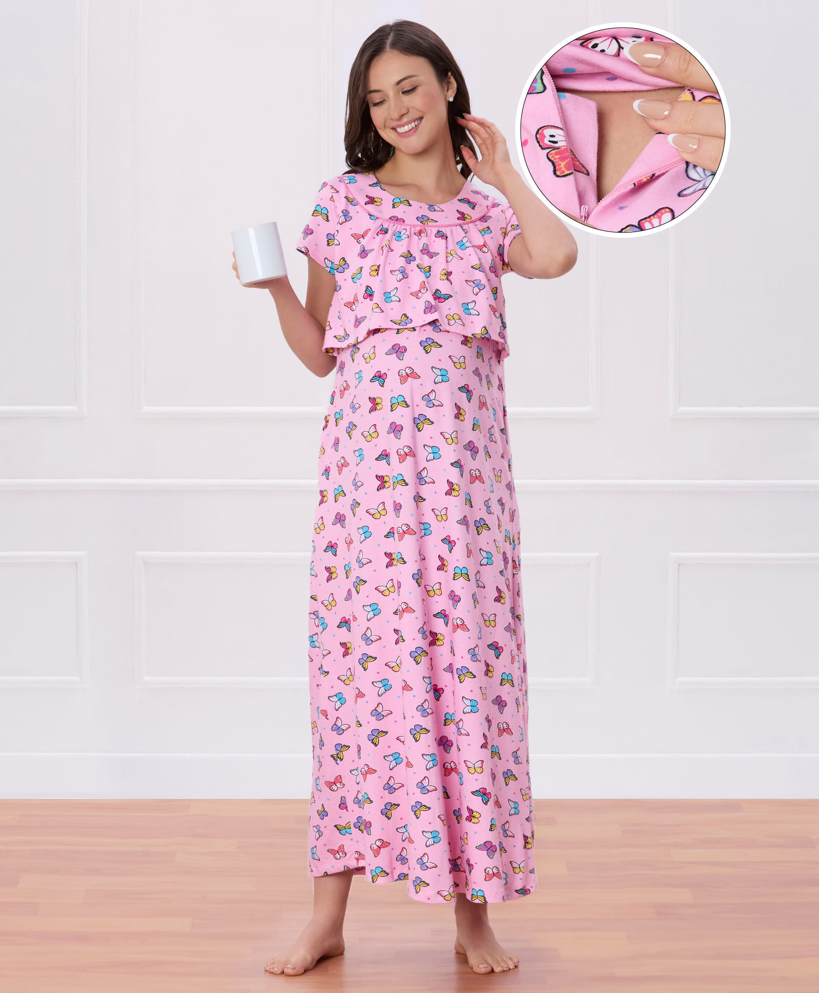 Bella Mama Cotton Knit Half Sleeves Butterfly Printed Maternity Nursing Nighty With Concealed Zipper - Pink