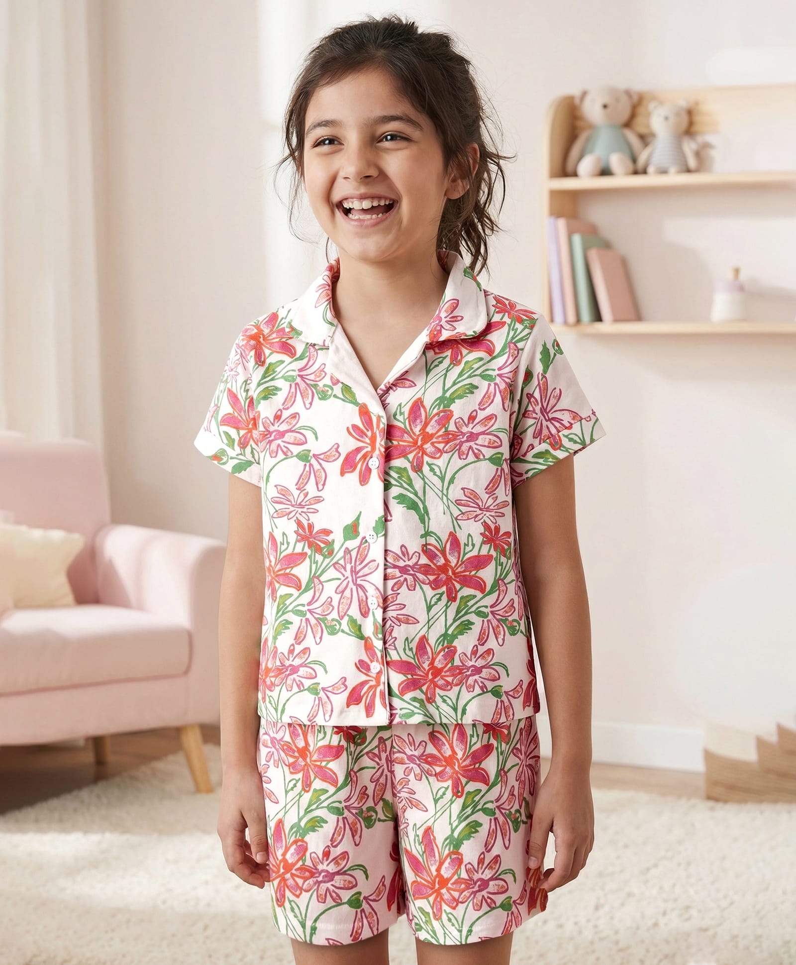 Pine Kids Single Jersey Knit Half Sleeves Shorts Co-Ords Night Suit with Floral Print - White-picture-7