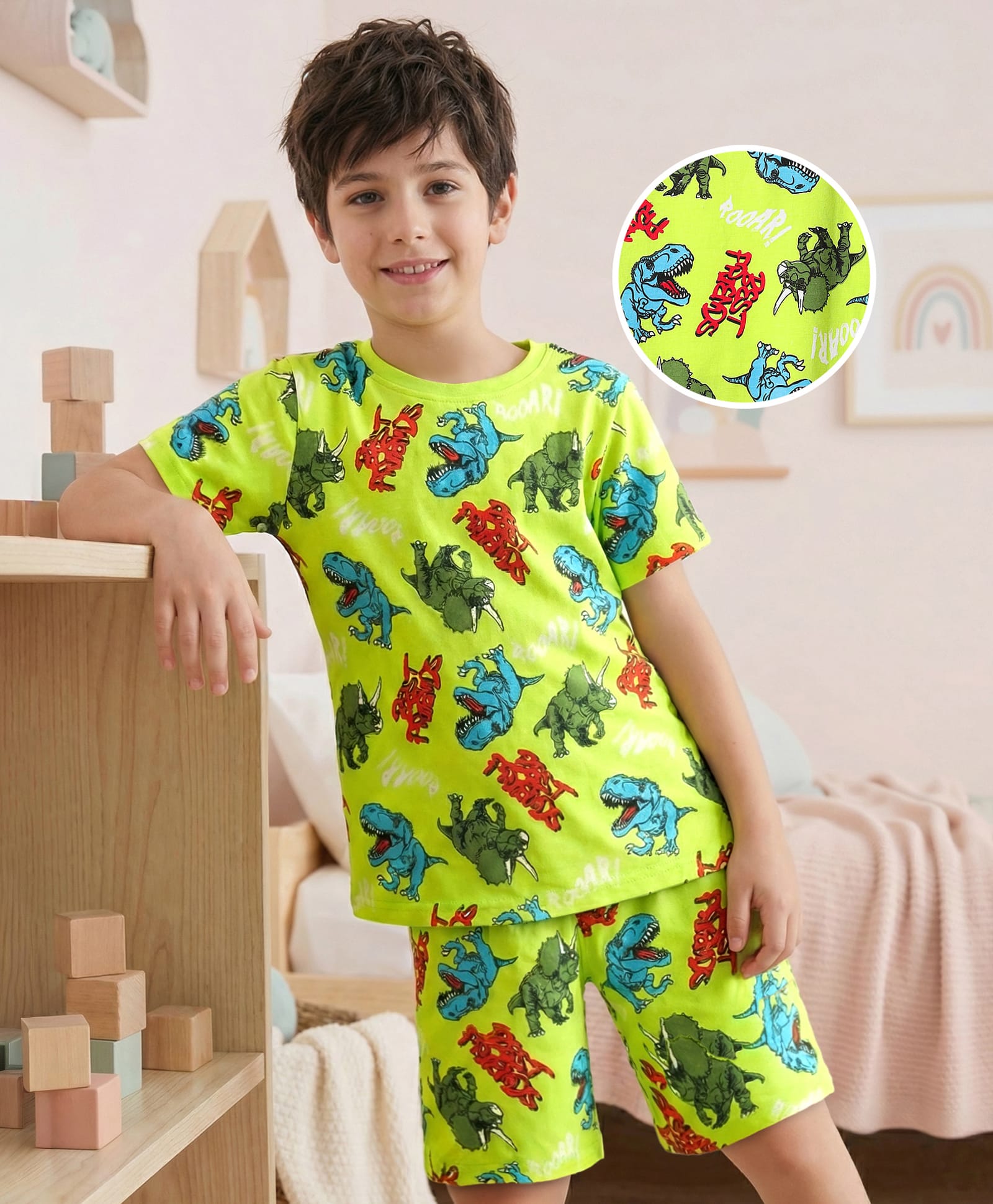 Pine Kid Single Jersey Knit Half Sleeves Co-ords Shorts Night Suit With Dino Print - Light Green-image-19