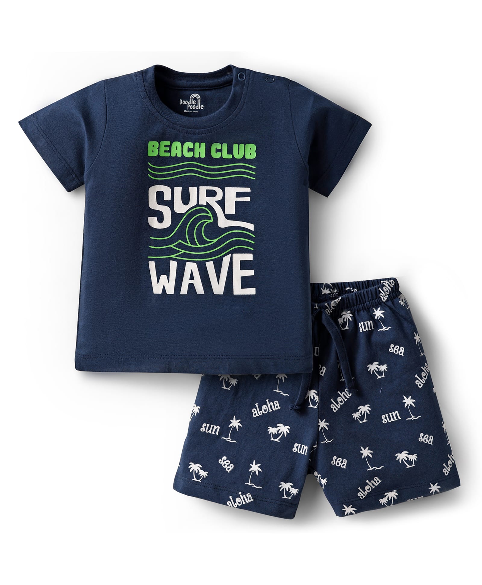 Doodle Poodle 100% Cotton Half Sleeves Shorts Night Suit With Beach Theme Print - Navy Blue-picture-13