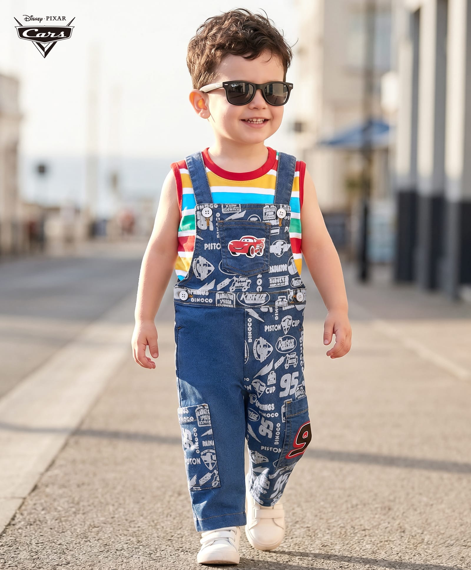 Babyhug Disney Single Jersey Knit Sleeveless T-Shirt And Dungaree Set With Car Graphics - Blue & Yellow