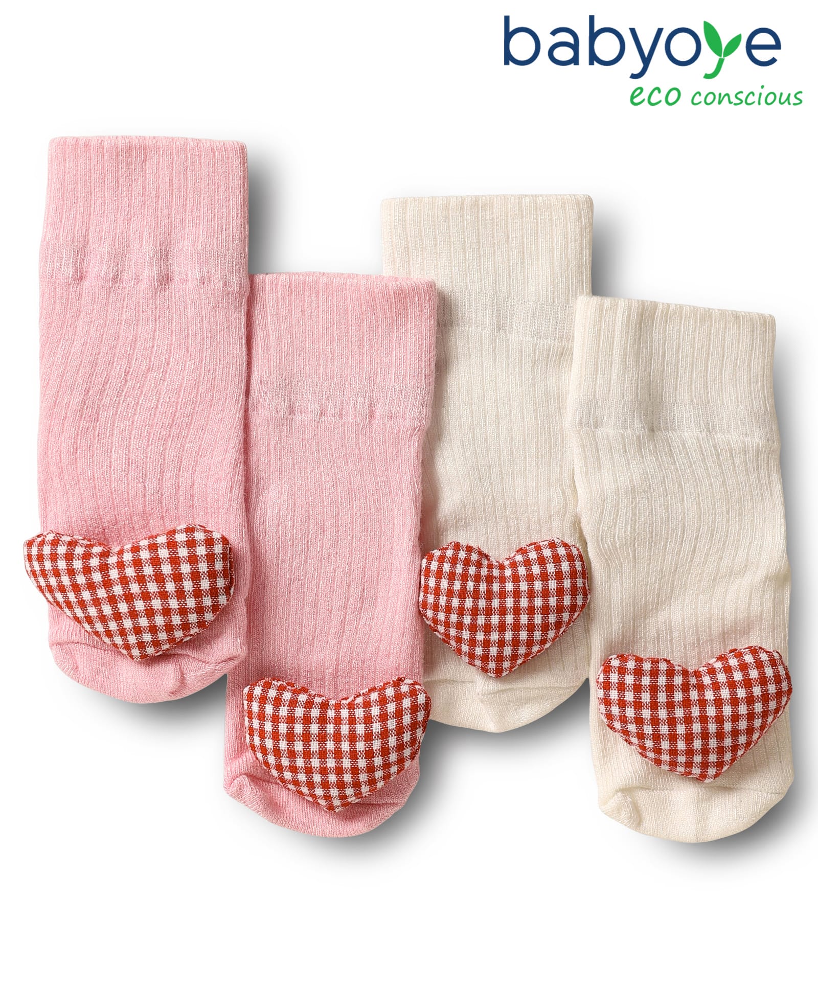 Babyoye Cotton Bamboo Ankle Length Socks with 3D Heart Pack of 2 - Pink & Ivory-image-1