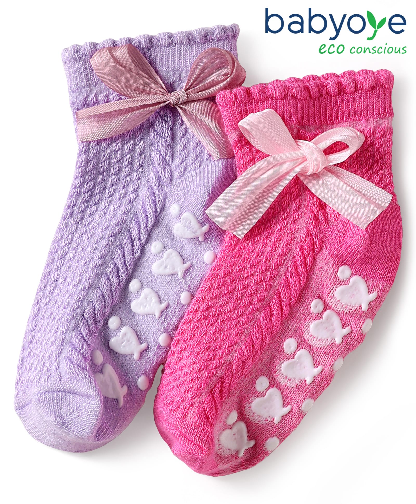 Babyoye Cotton Bamboo Knit Ankle Length Anti Skid Socks with Bow Applique Pack of 2 - Pink & Lavender-image-12