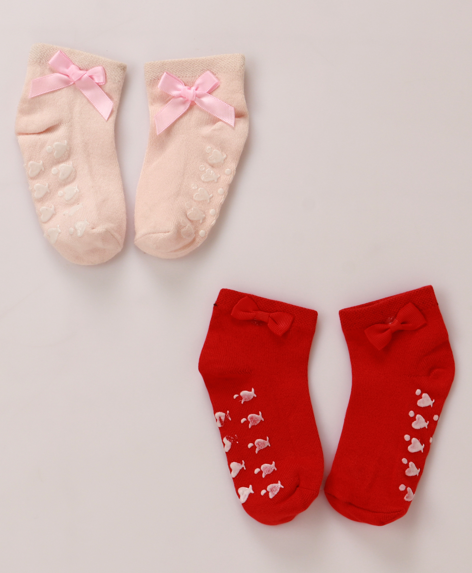Babyoye Cotton Bamboo Knit Ankle Length Anti Skid Socks with Bow Applique Pack of 2 - Red & Pink-image-14