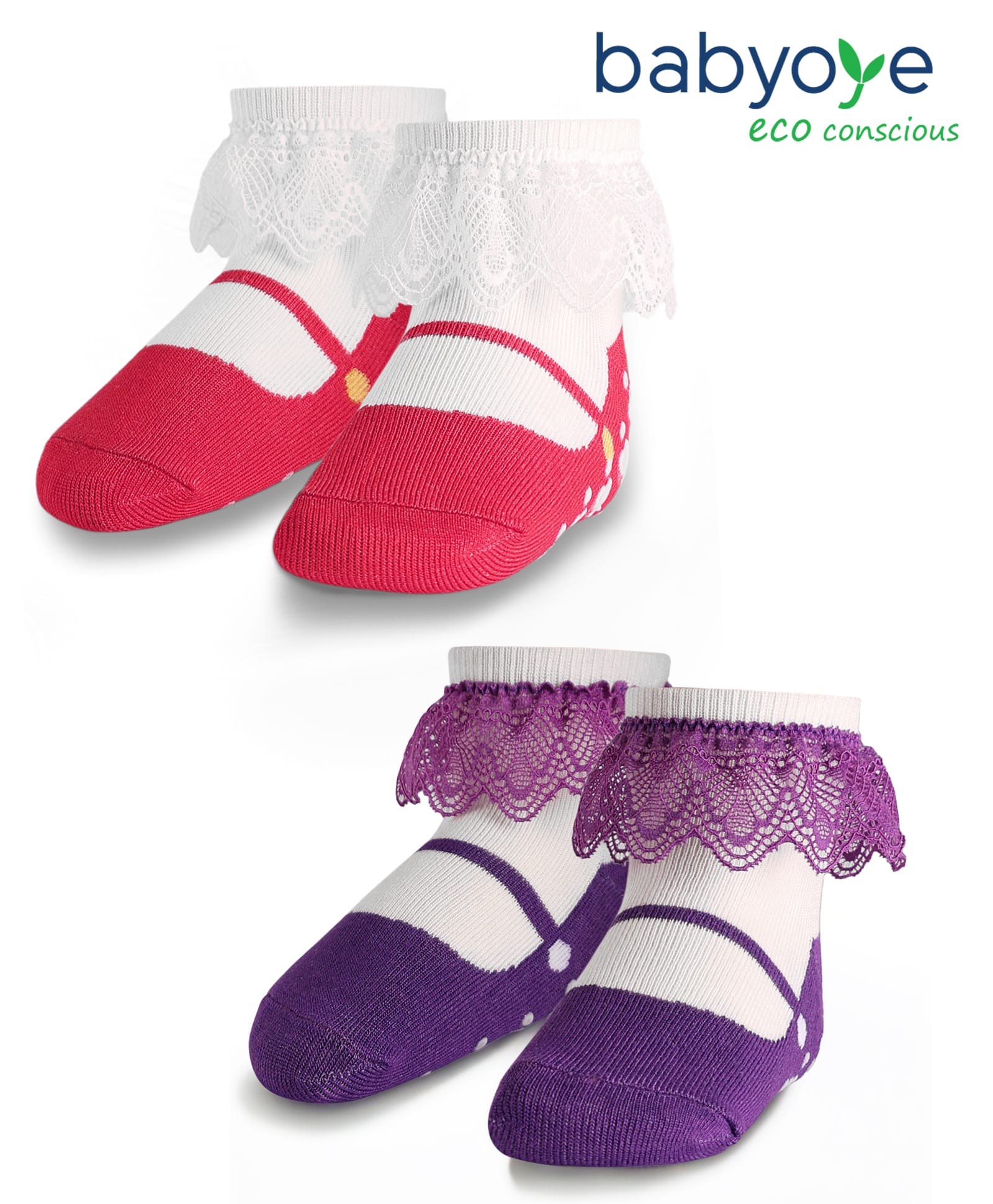 Babyoye Cotton Bamboo Knit Socks with Organza Lace Pack of 2 - Red & Purple-image-42