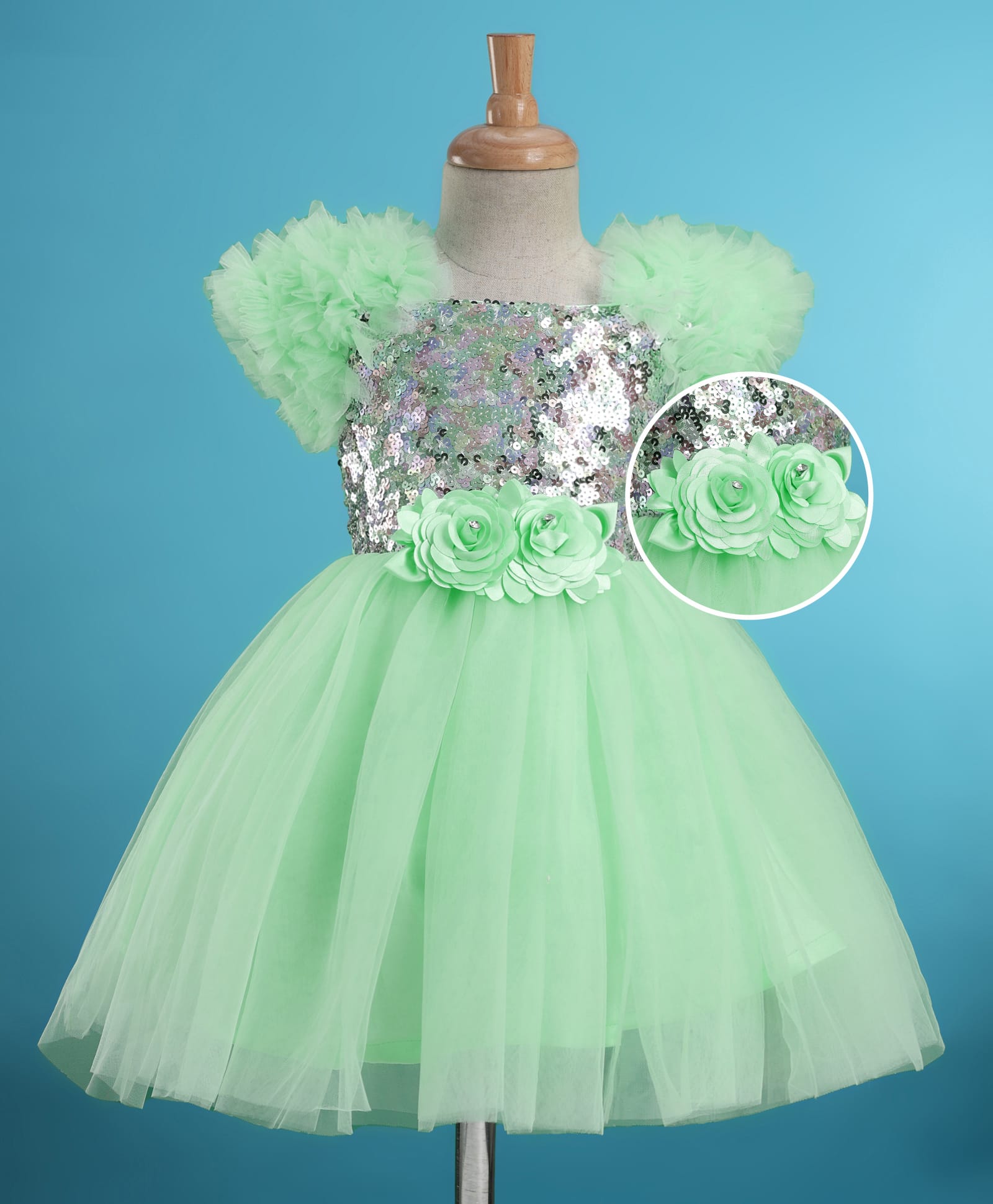 Mark & Mia Woven Frill Sleeves Mesh Party Dress with Sequin Detailing & Floral Applique - Mint-image-45