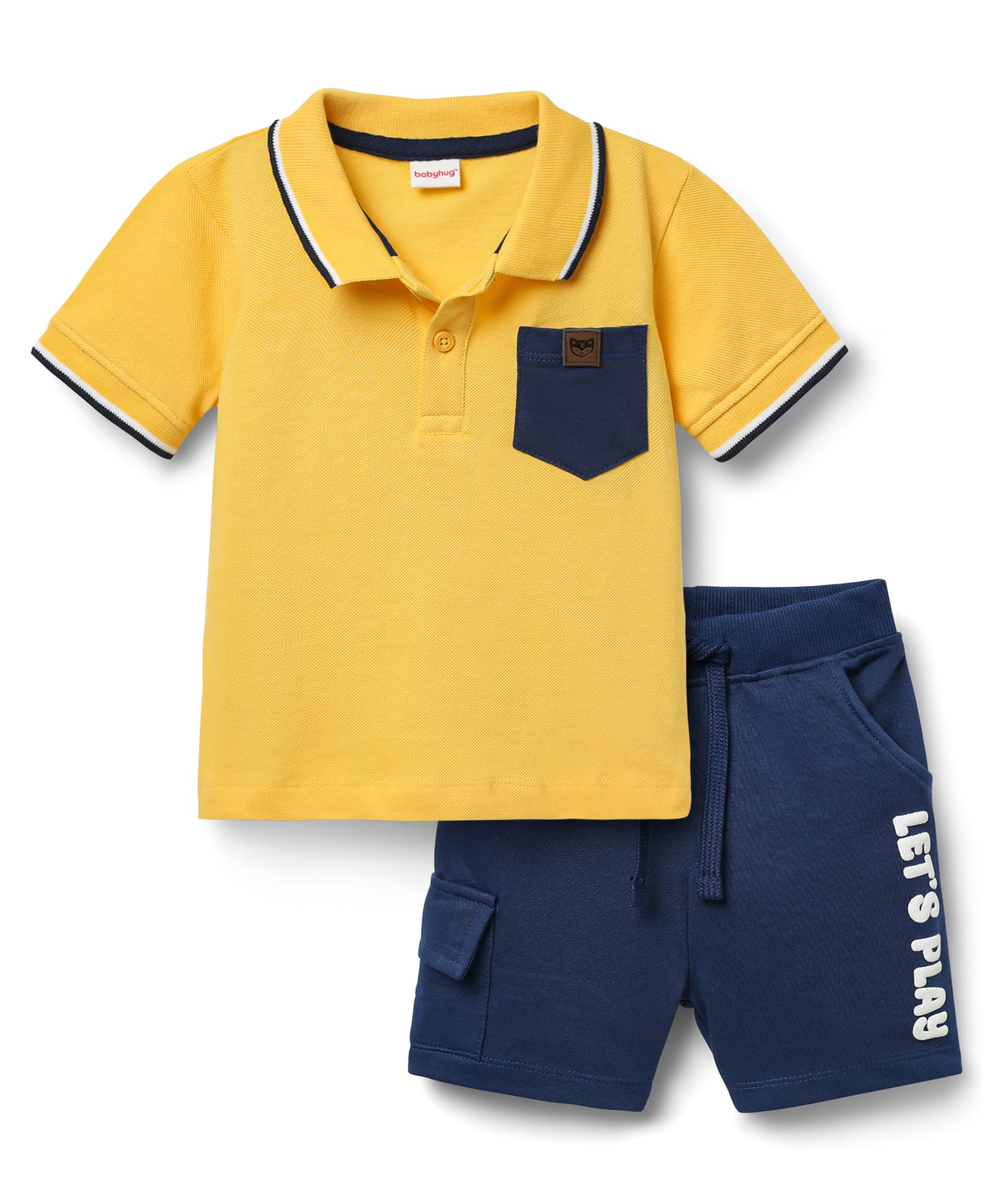 Babyhug Single Jersey Knit Half Sleeves Polo T-Shirt & Shorts Set with Text Print - Yellow & Blue