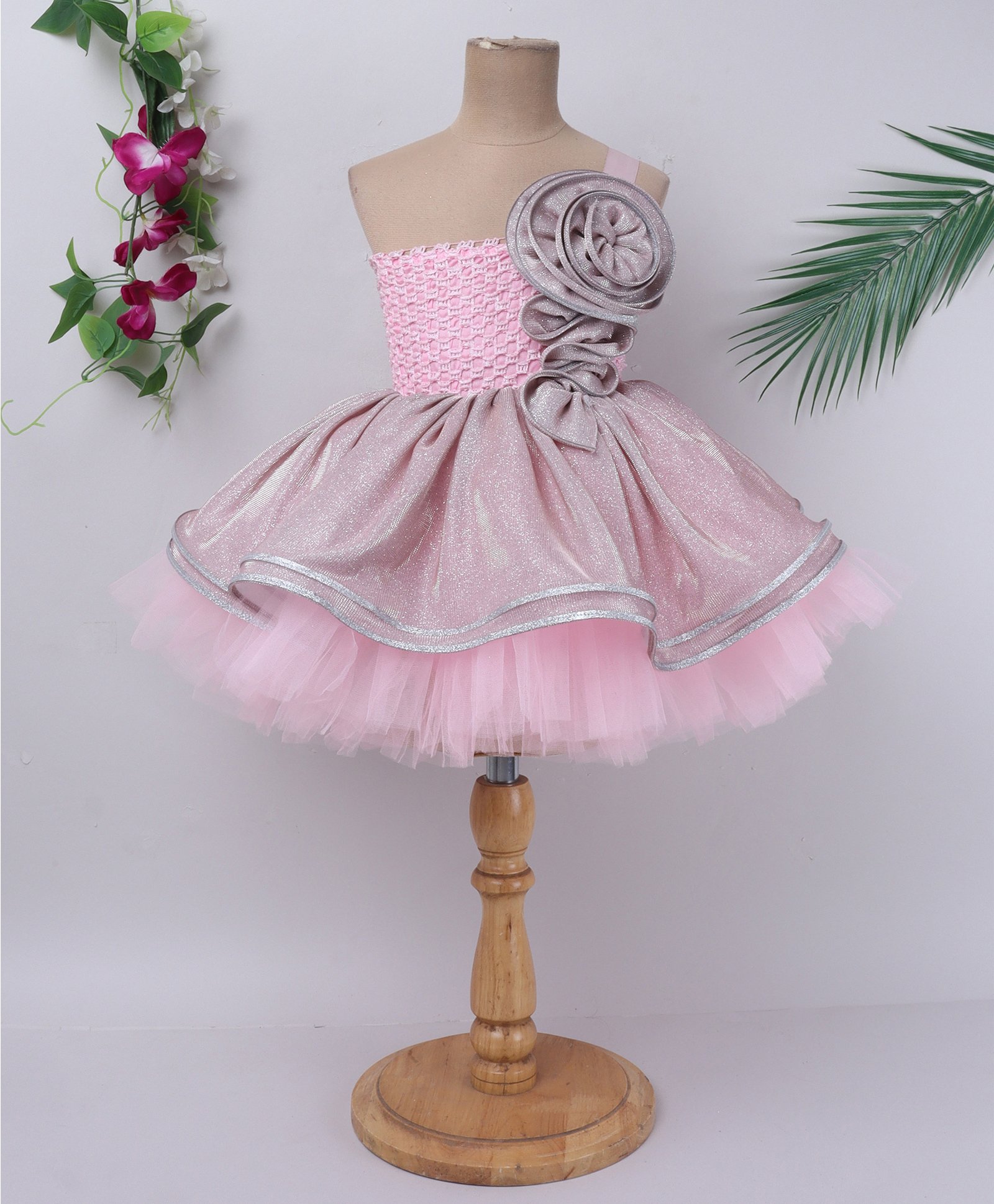 TINY MINY MEE Elastane One Shoulder Floral Applique Detailed Textured Shimmered & Layered Dress - Pink-image-46