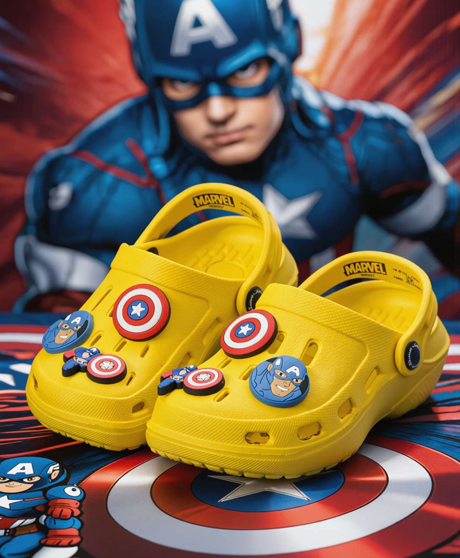 Marvel by Yellow Bee Solid Perforated Clogs With Captain America Shield & Character Charms - Yellow-image-35