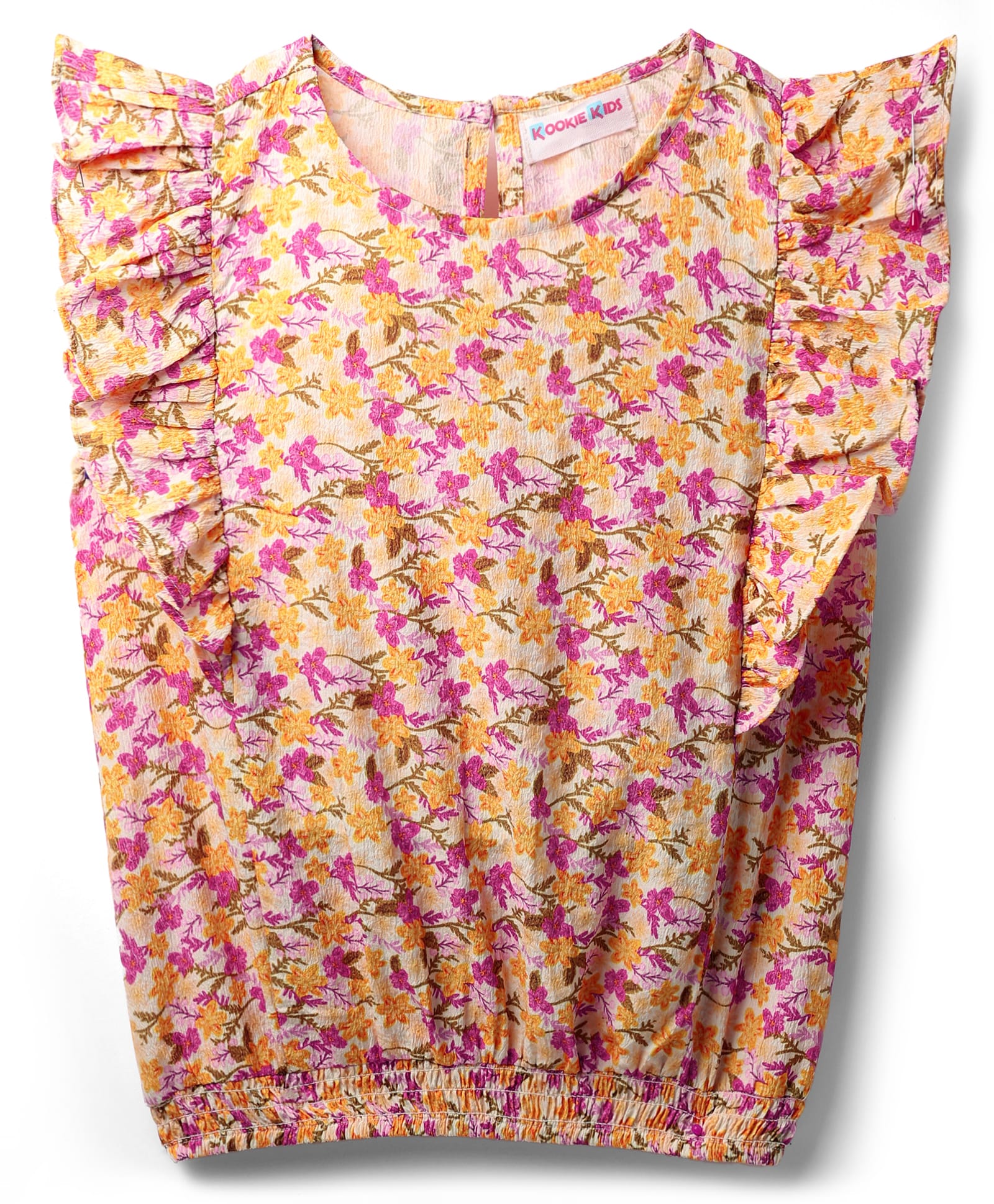 kookie kids india Kookie Kids Woven Frill Sleeves Floral Printed Top with Elasticated Hem - Pink-picture-12