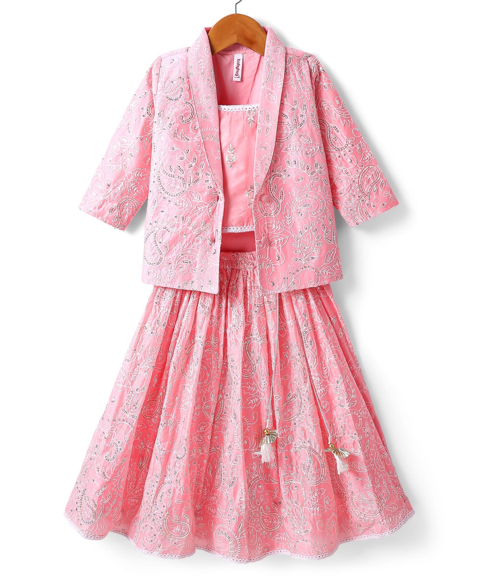 Babyhug Woven Embroidered Lehenga Choli Set With Full Sleeves Jacket - Pink