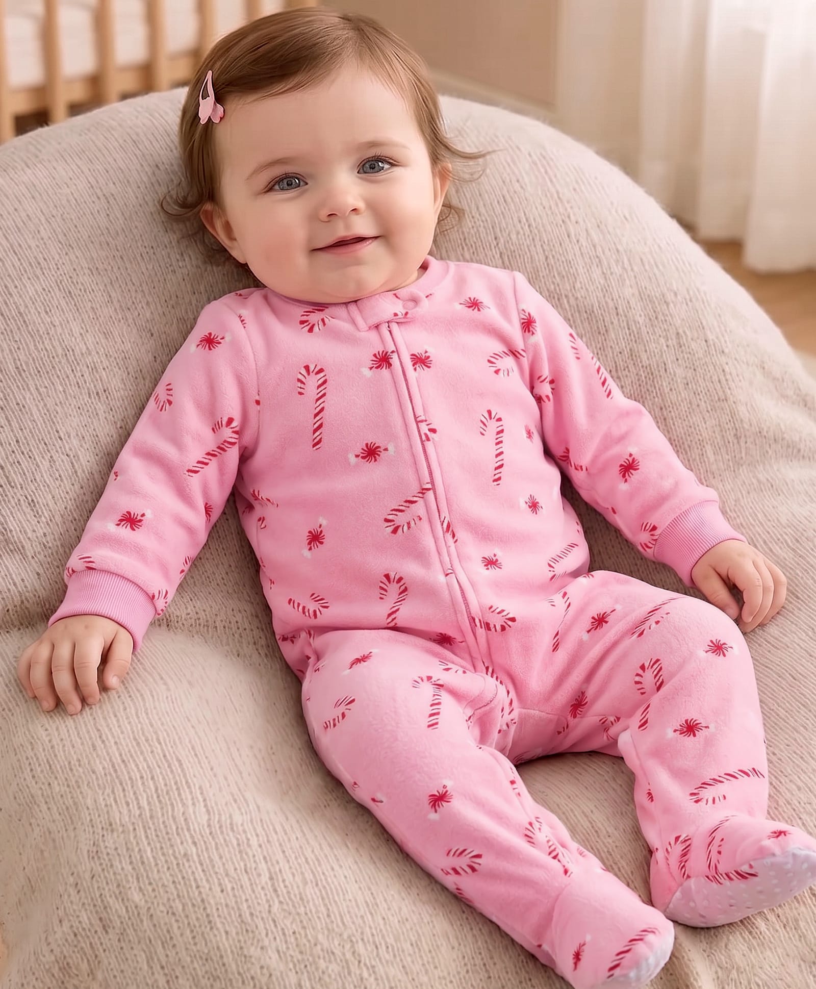 Carter's Cotton Knit Full Sleeves Footed Sleep Suit With Candy Cane Print - Pink-image-24
