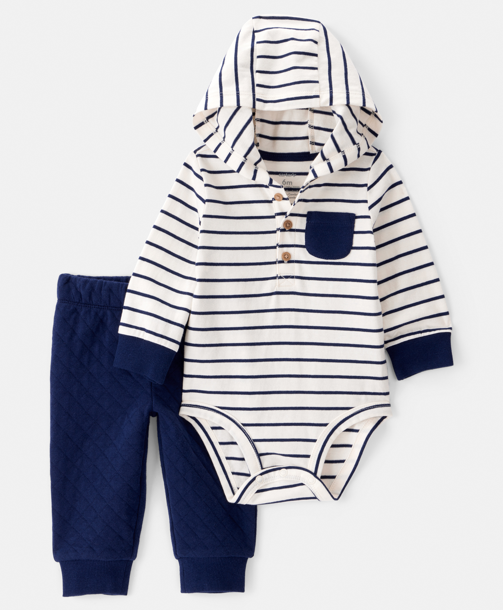 Carter's Knit Full Sleeves Striped Hooded Onesie with Leggings - Navy Blue & White-picture-27