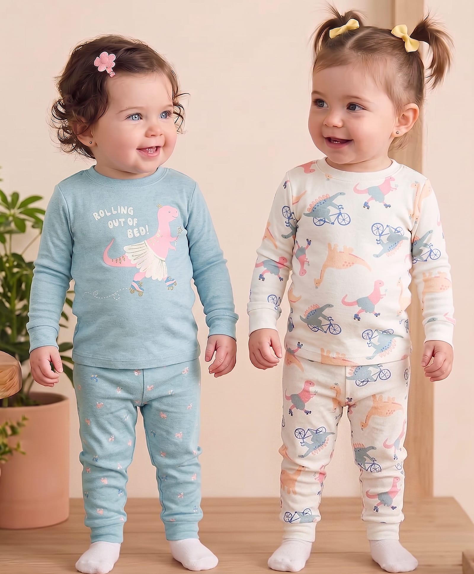 Carter's Knit Full Sleeves Co-ord Night Suits Set With Dino Print Pack of 2 - White & Light Blue-picture-33