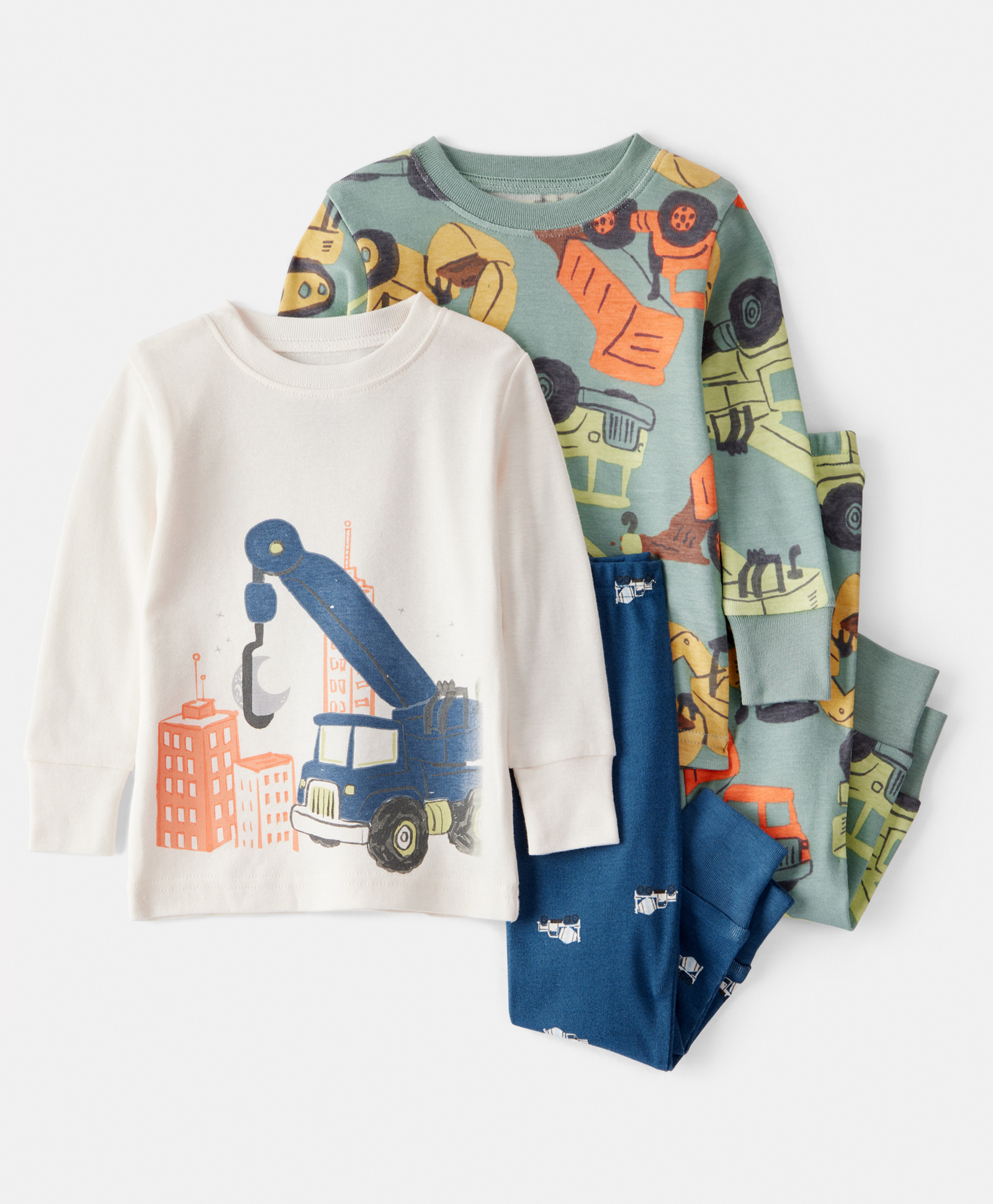 Carter's Knit Full Sleeves Co-ord Night Suits Set With Vehicle Print Pack of 2 - Green Blue & White