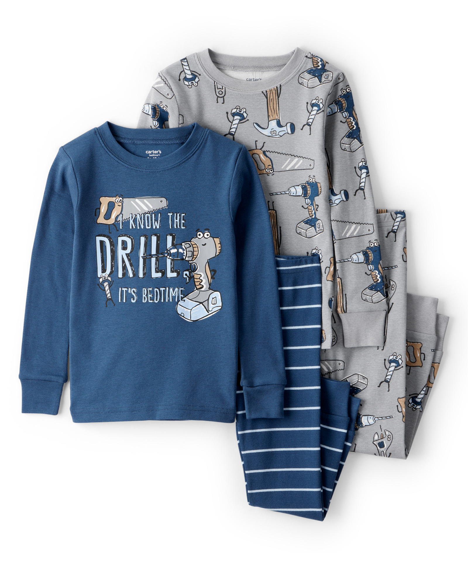Carter's Knit Full Sleeves Night Suits with Tools Print & Stripes Pack of 2 - Grey & Blue-picture-23