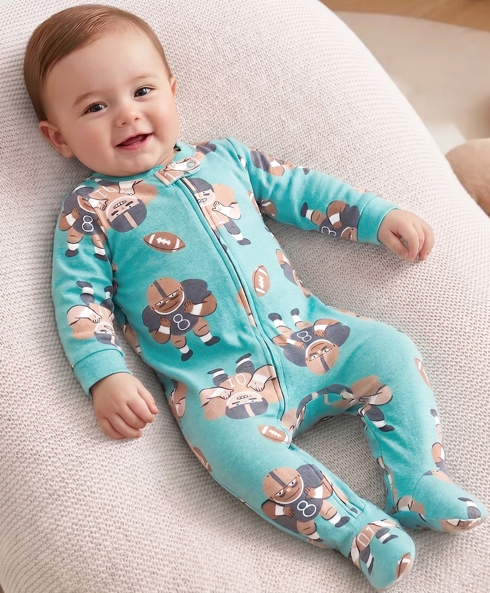 Carter's Knit Full Sleeves Footed Sleep Suit With Rugby Print - Sea Green-picture-27