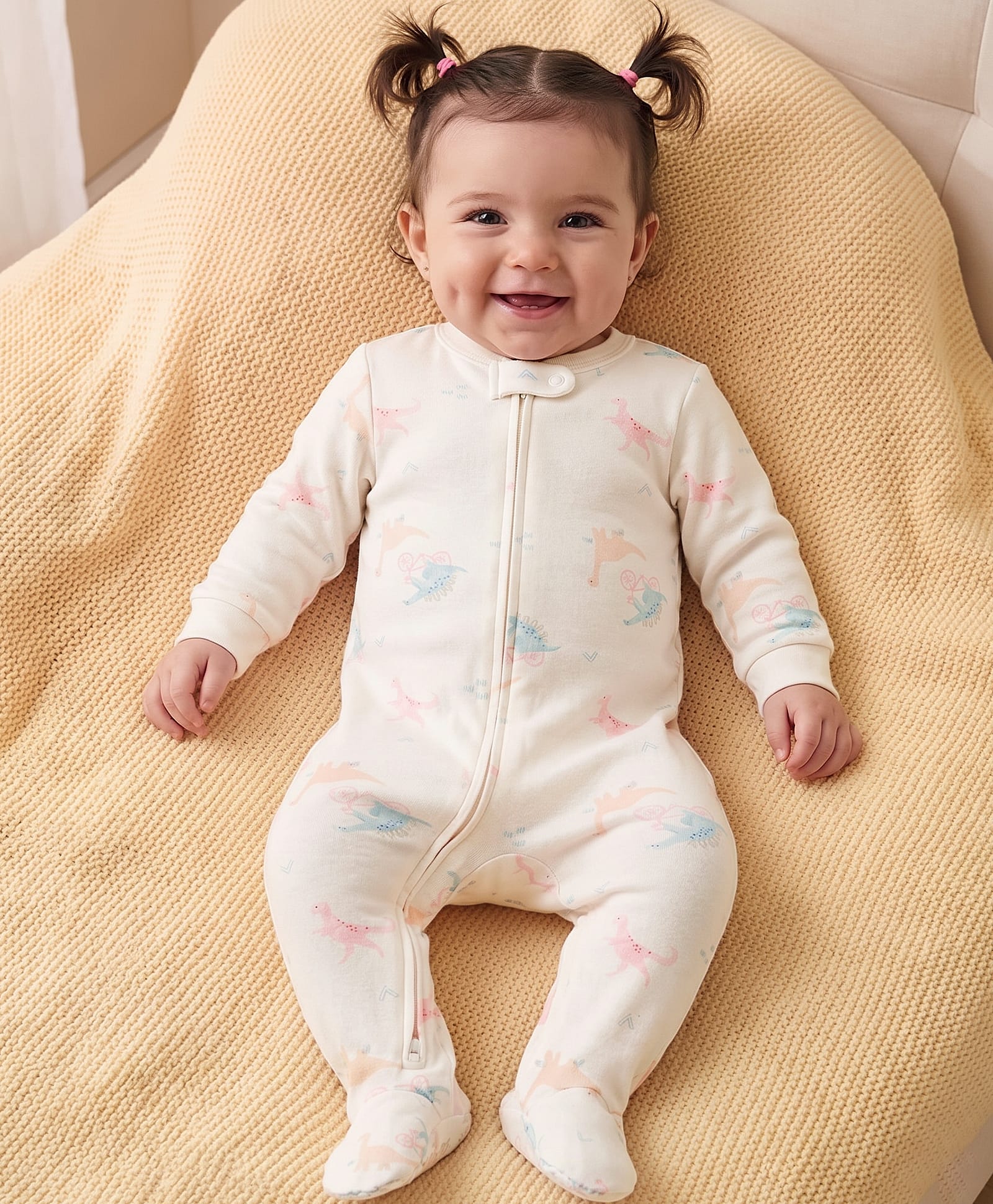 Carter's Cotton Knit Full Sleeves Footed Sleep Suit With Dino Print - Ivory-image-35