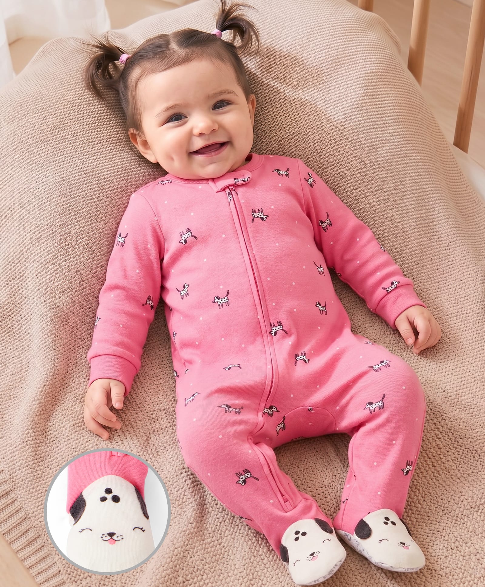 Carter's Cotton Knit Full Sleeves Footed Sleep Suit With Dog Print - Pink-image-27