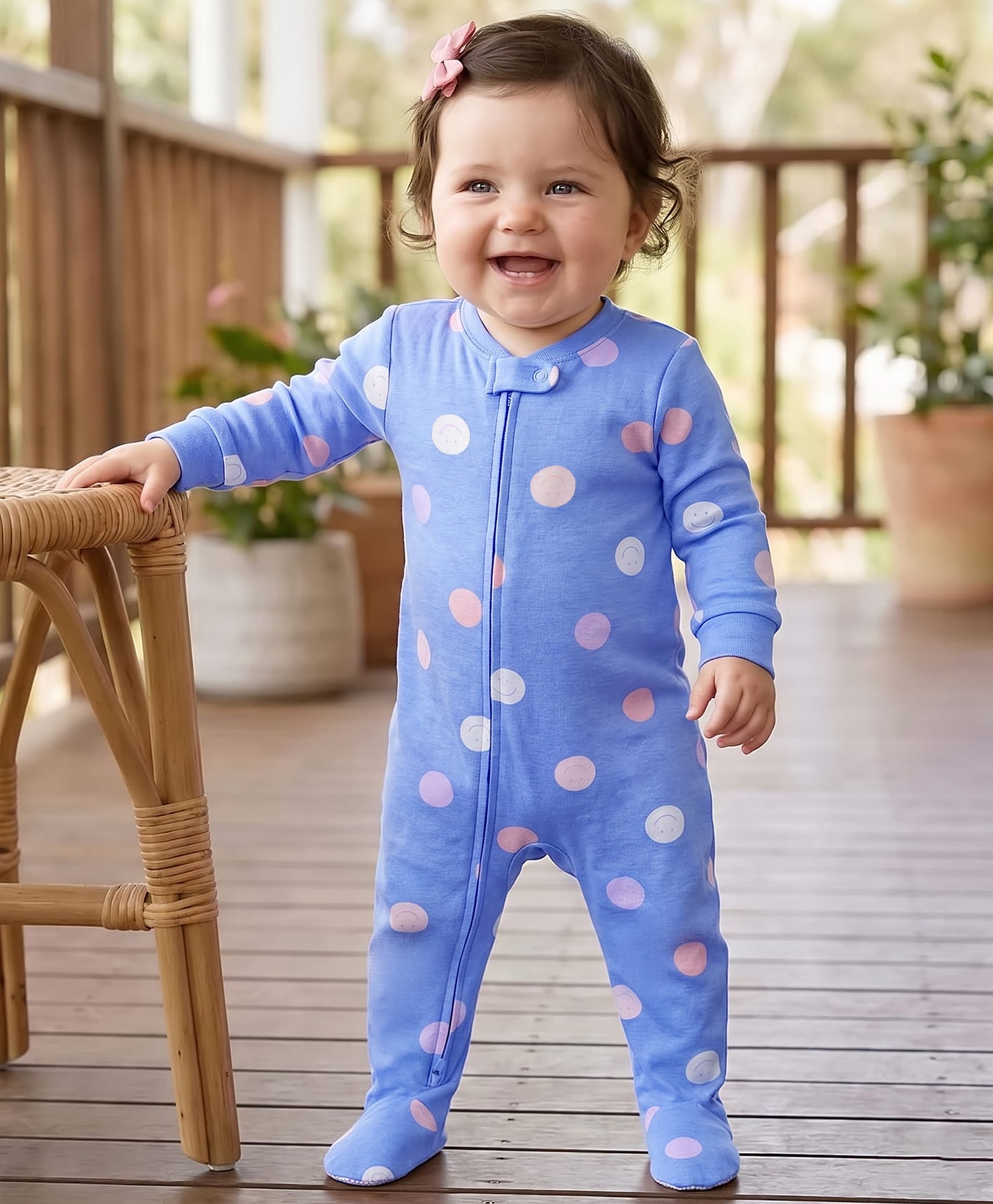 Carter's Cotton Knit Full Sleeves Footed Sleep Suit With Polka Dot Print - Blue-image-22