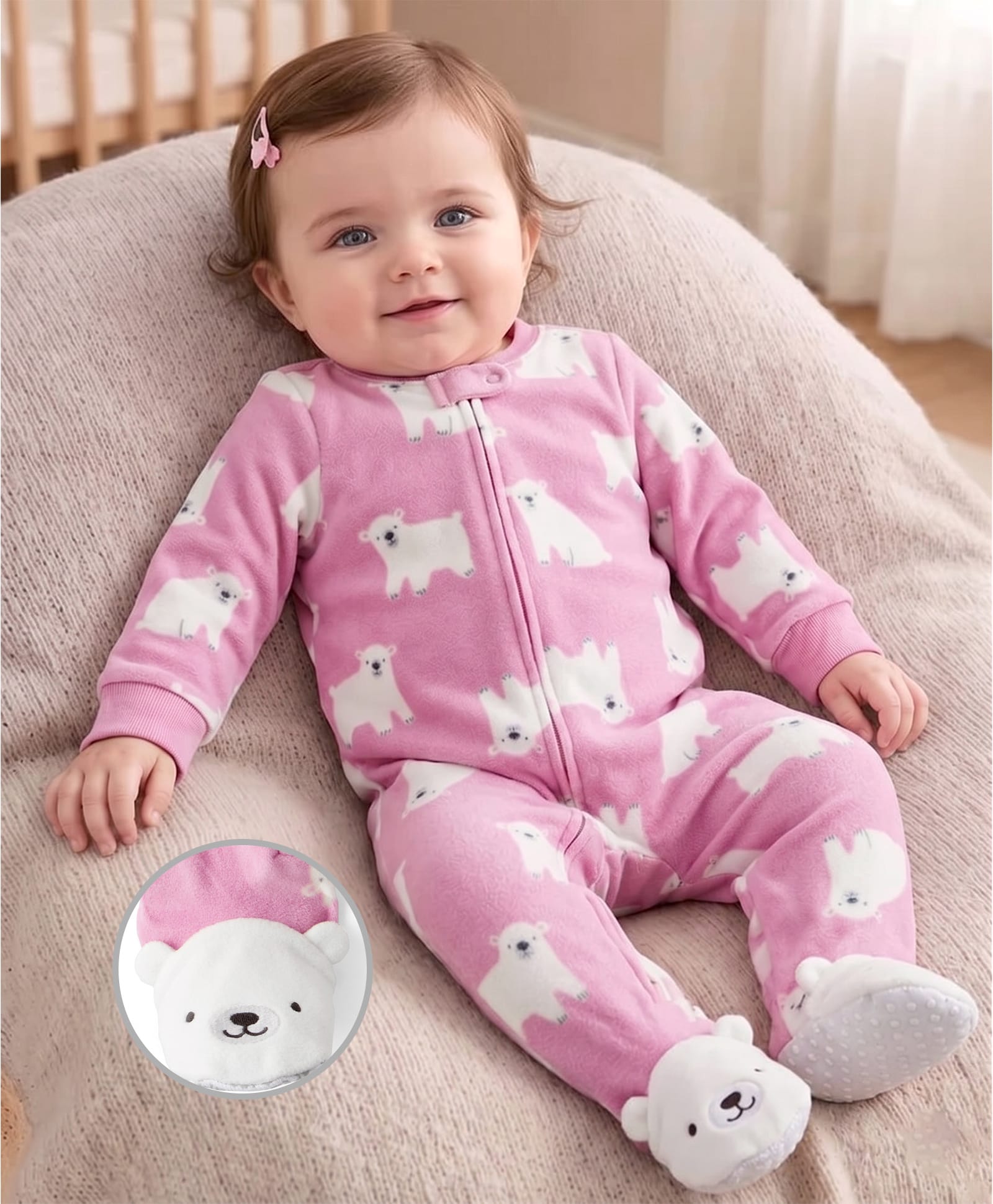 Carter's Cotton Knit Full Sleeves Footed Sleep Suit With Polar Bear Print - Purple-image-15