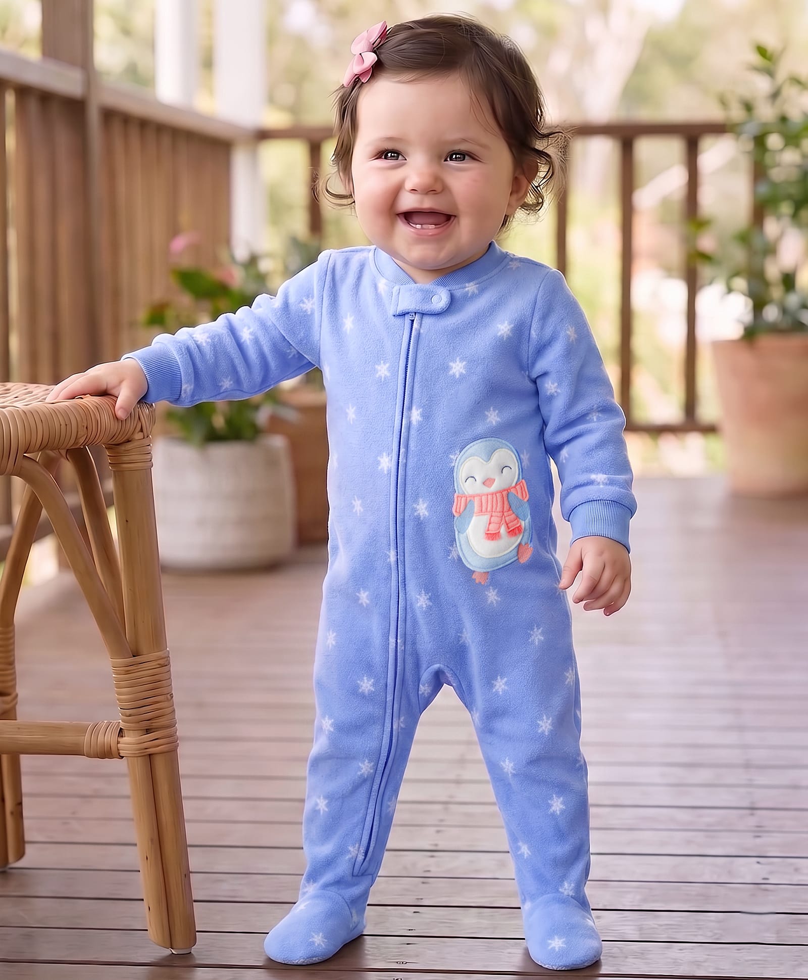 Carter's Cotton Knit Full Sleeves Footed Sleep Suit With Polka Dot Print & Penguin Patch - Light Blue-image-11