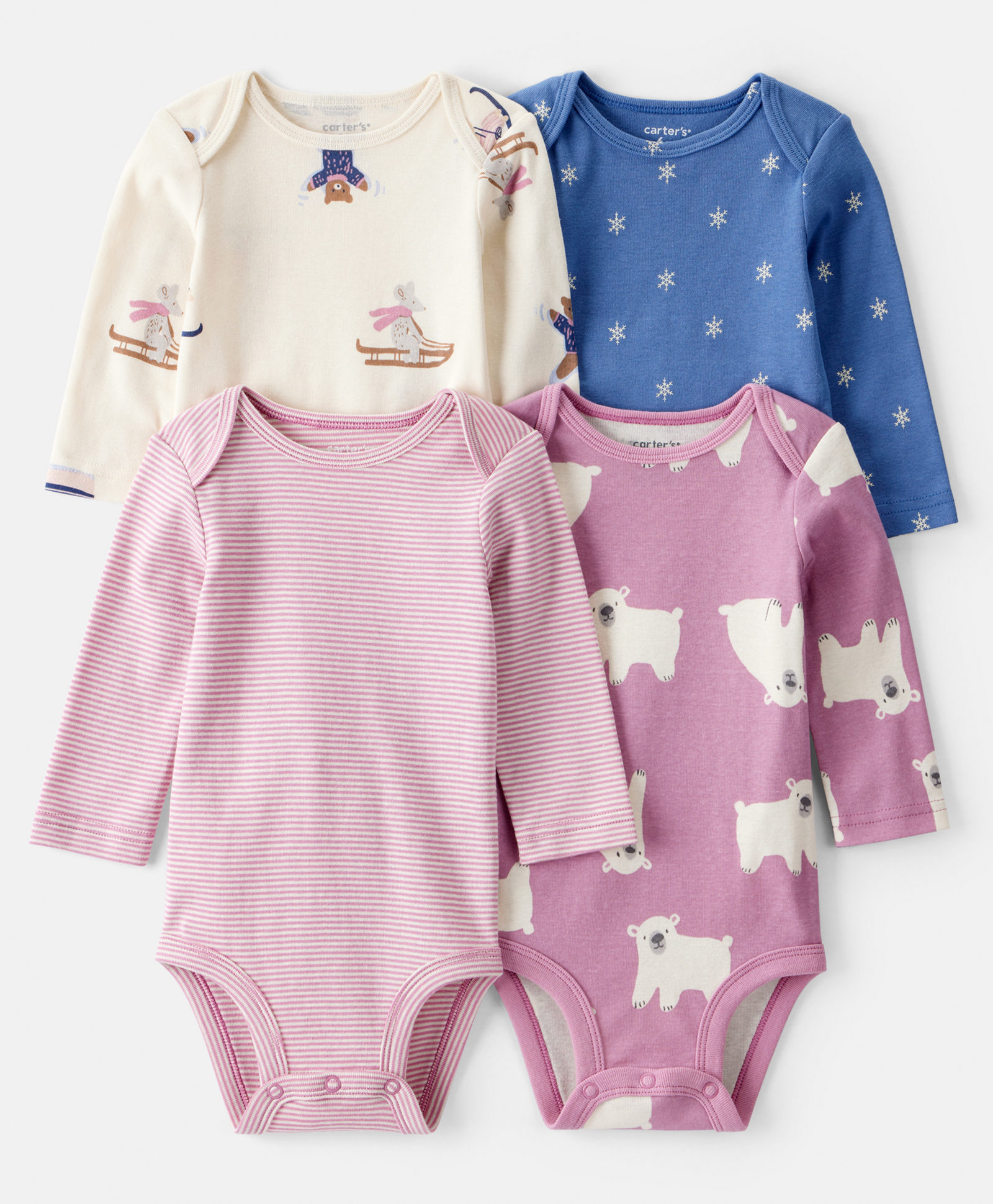 Carter's Knit Full Sleeves Onesies With Stripes & Animal Print Pack Of 4 - Blue & Lilac-image-8